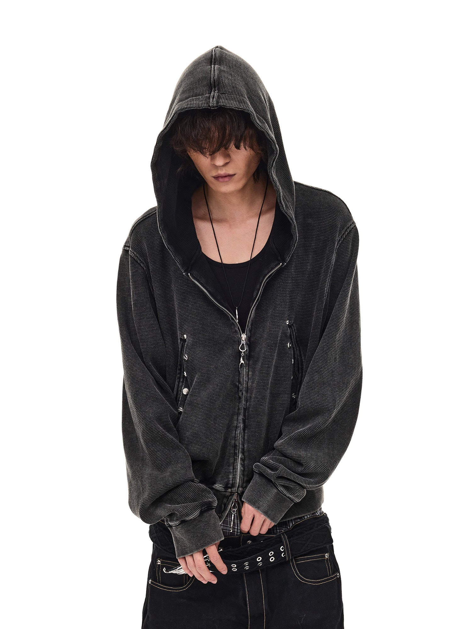 WHISTLEHUNTER Washed Waffle Studded Zip-Up Hoodie, premium urban and streetwear designers apparel on PROJECTISR.com, WHISTLEHUNTER
