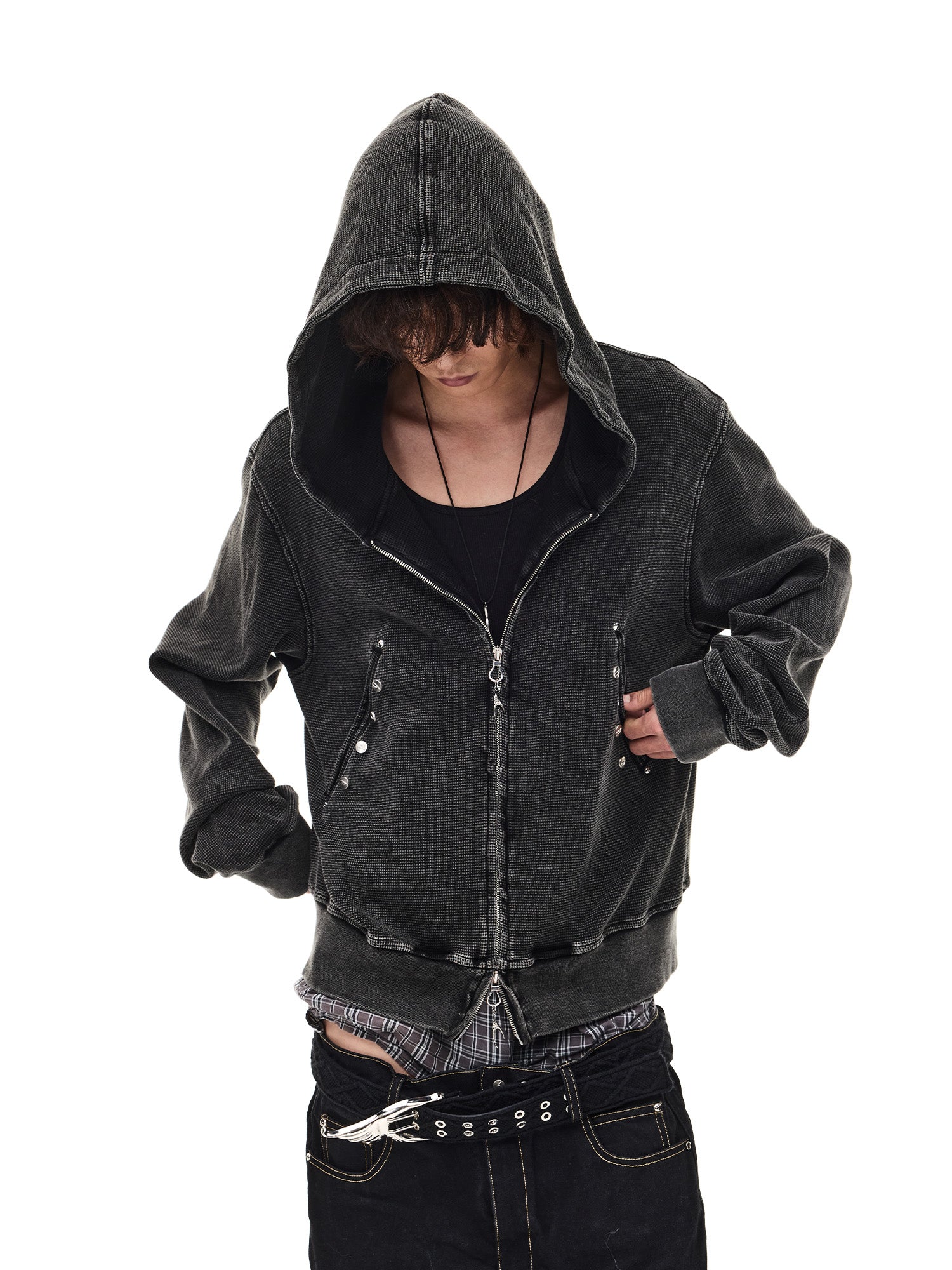 WHISTLEHUNTER Washed Waffle Studded Zip-Up Hoodie, premium urban and streetwear designers apparel on PROJECTISR.com, WHISTLEHUNTER