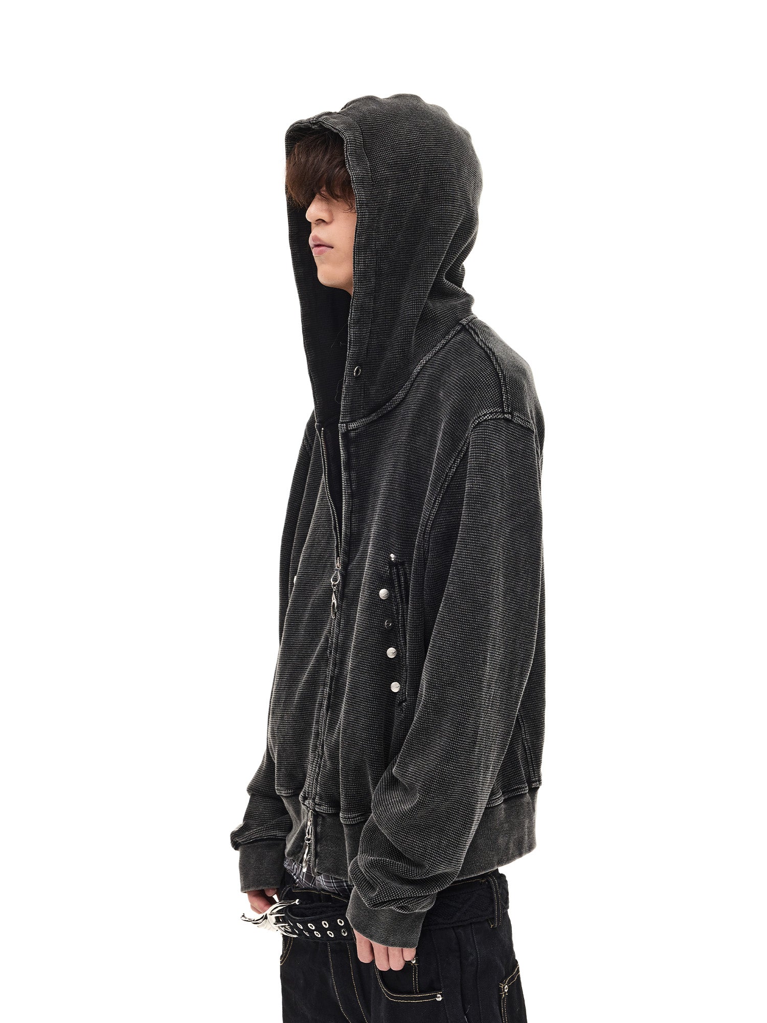 WHISTLEHUNTER Washed Waffle Studded Zip-Up Hoodie, premium urban and streetwear designers apparel on PROJECTISR.com, WHISTLEHUNTER
