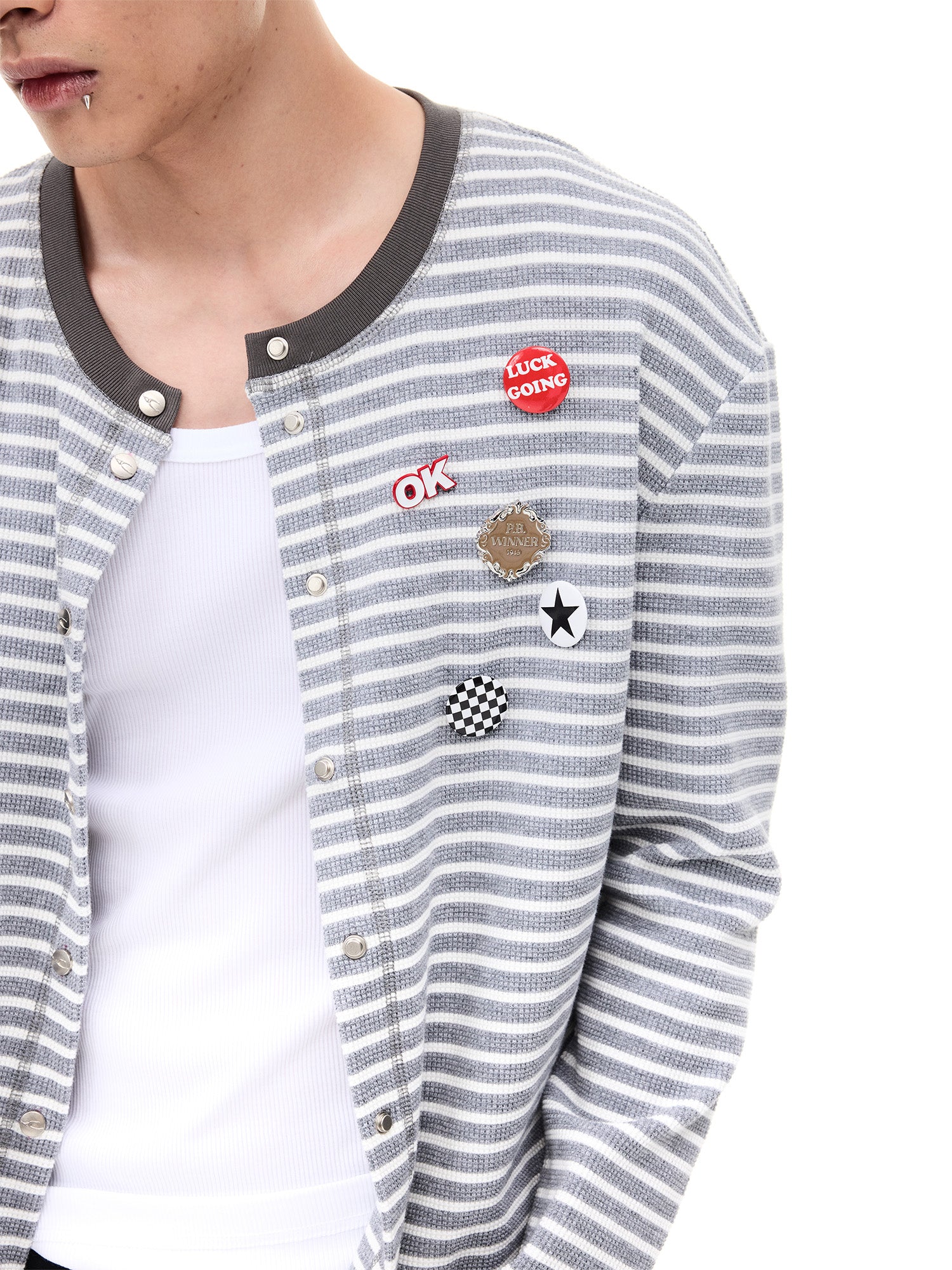 WHISTLEHUNTER Striped Badge Snap Slim Cardigan, premium urban and streetwear designers apparel on PROJECTISR.com, WHISTLEHUNTER