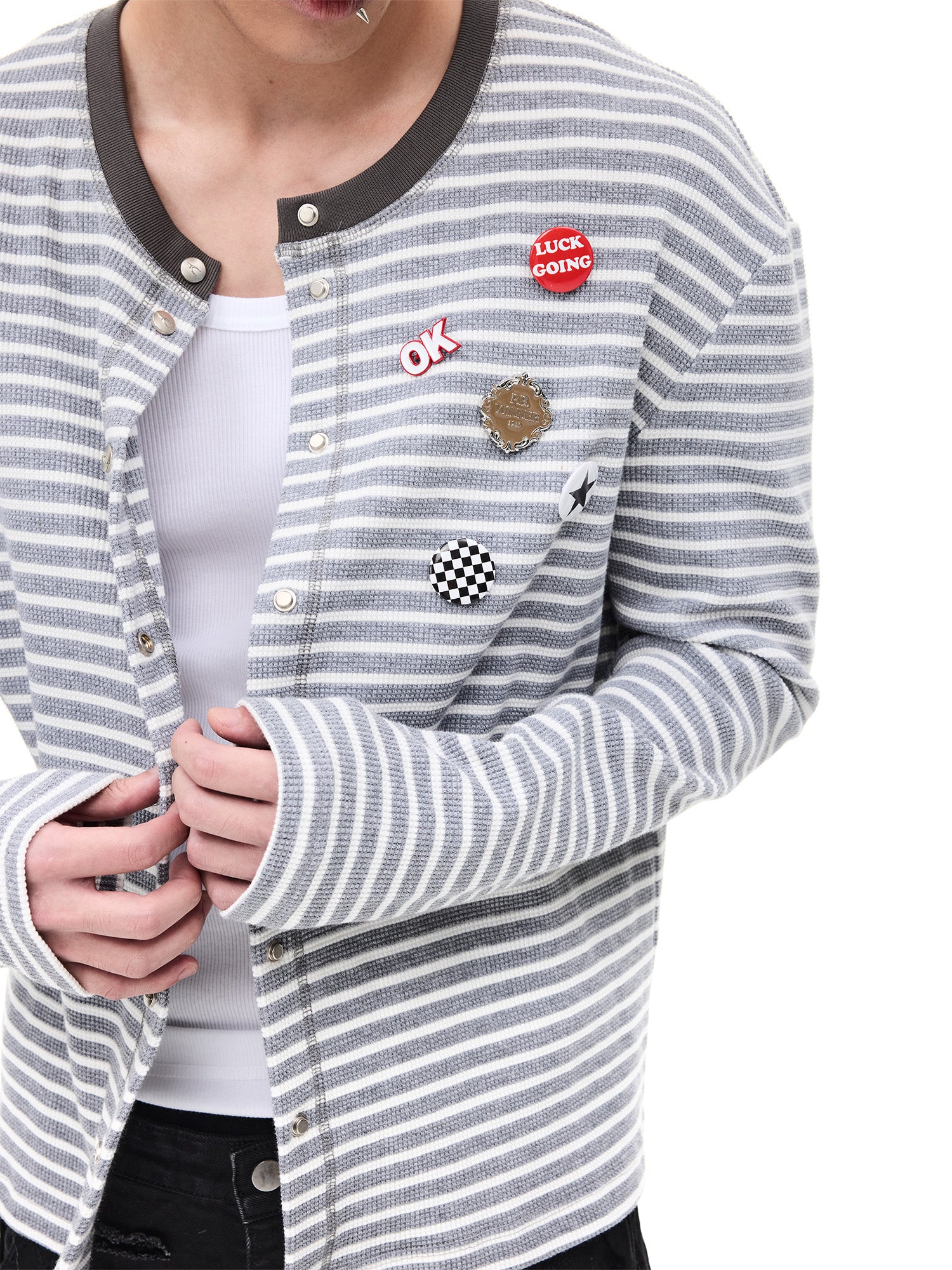 WHISTLEHUNTER Striped Badge Snap Slim Cardigan, premium urban and streetwear designers apparel on PROJECTISR.com, WHISTLEHUNTER
