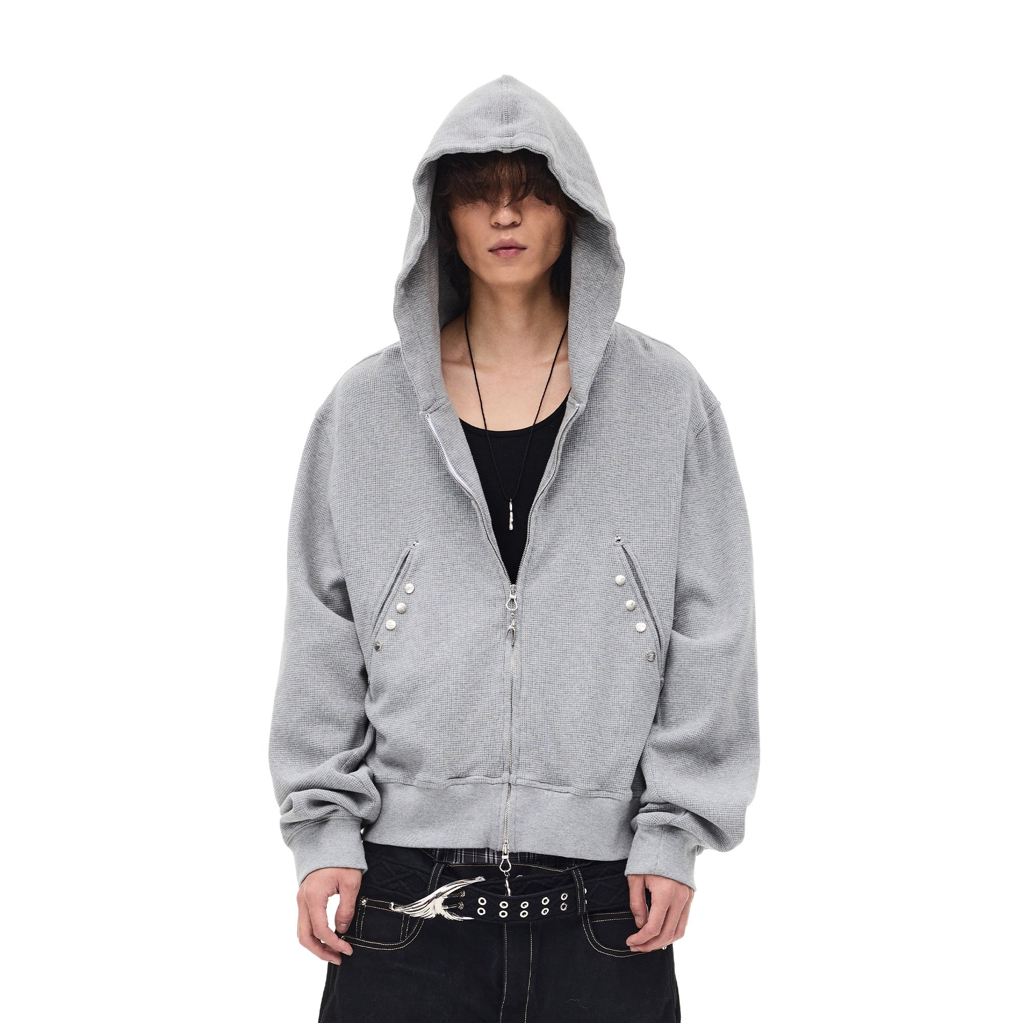 WHISTLEHUNTER Washed Waffle Studded Zip-Up Hoodie, premium urban and streetwear designers apparel on PROJECTISR.com, WHISTLEHUNTER