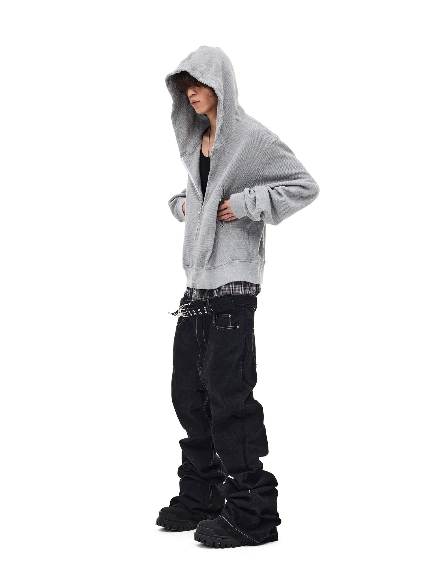 WHISTLEHUNTER Washed Waffle Studded Zip-Up Hoodie, premium urban and streetwear designers apparel on PROJECTISR.com, WHISTLEHUNTER