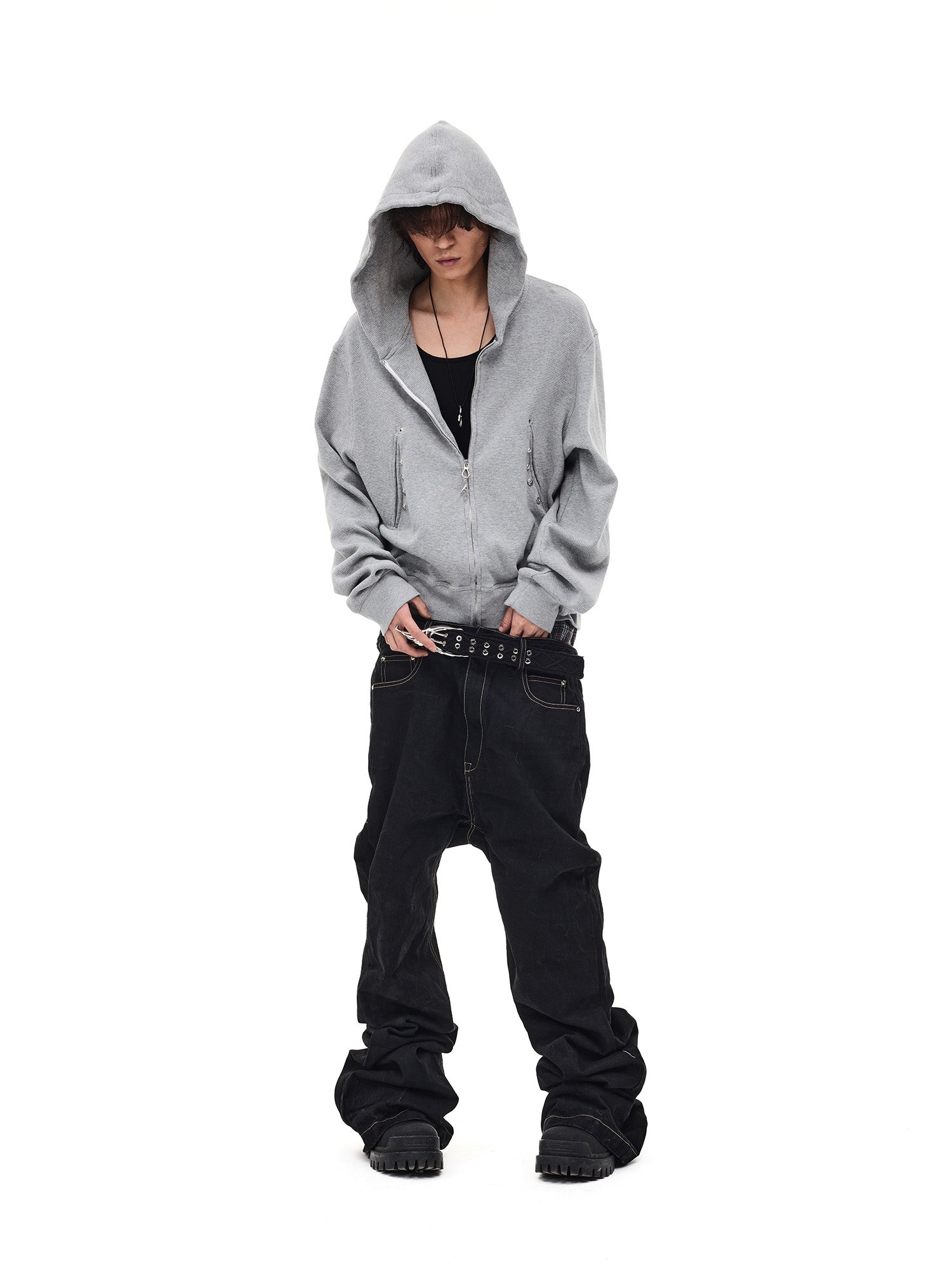 WHISTLEHUNTER Washed Waffle Studded Zip-Up Hoodie, premium urban and streetwear designers apparel on PROJECTISR.com, WHISTLEHUNTER