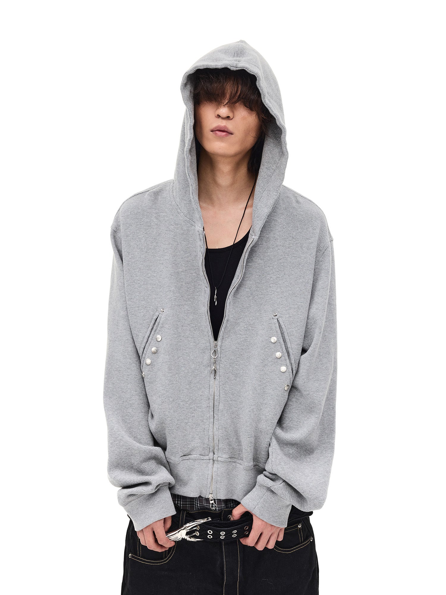WHISTLEHUNTER Washed Waffle Studded Zip-Up Hoodie, premium urban and streetwear designers apparel on PROJECTISR.com, WHISTLEHUNTER