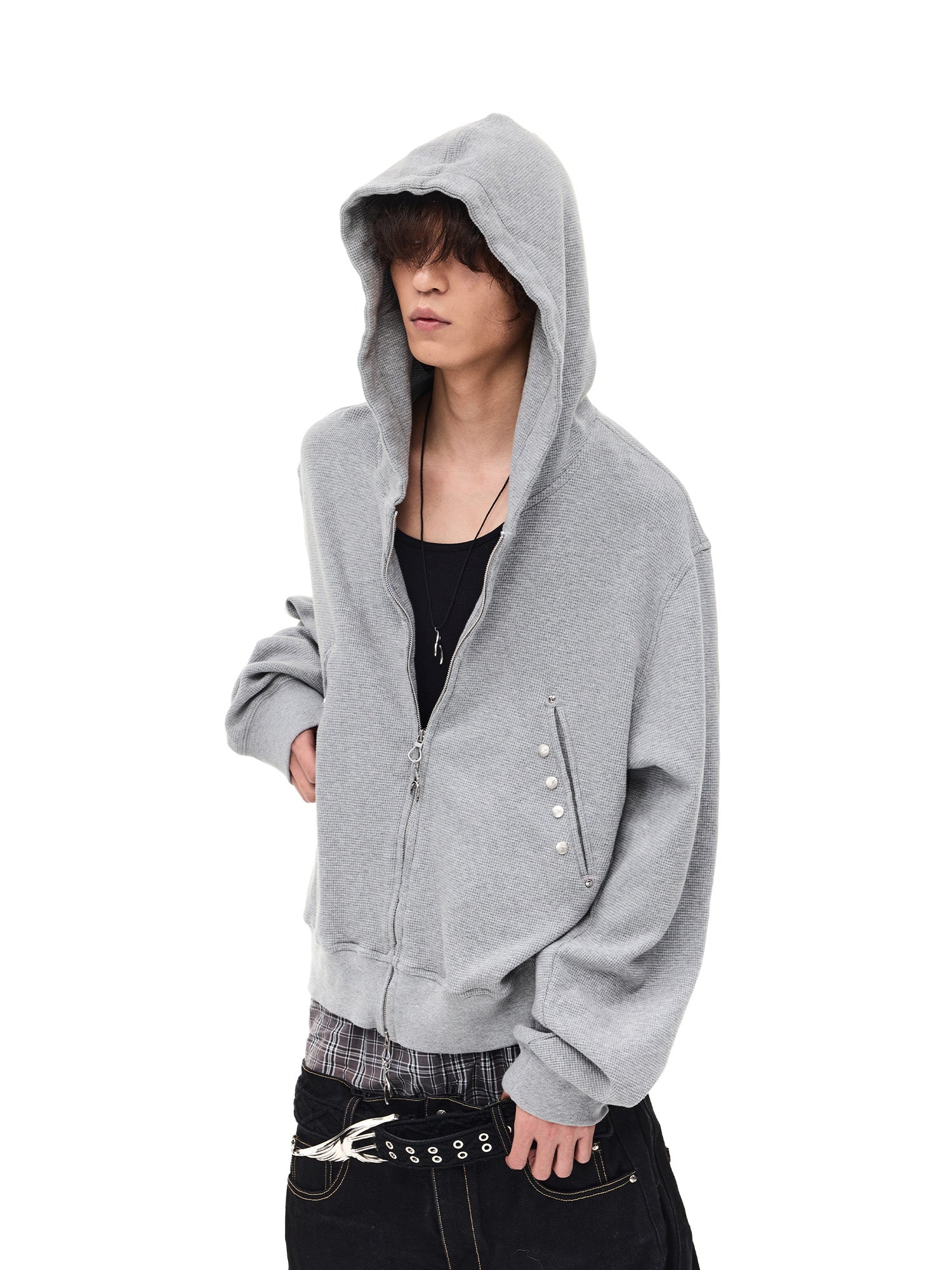 WHISTLEHUNTER Washed Waffle Studded Zip-Up Hoodie, premium urban and streetwear designers apparel on PROJECTISR.com, WHISTLEHUNTER