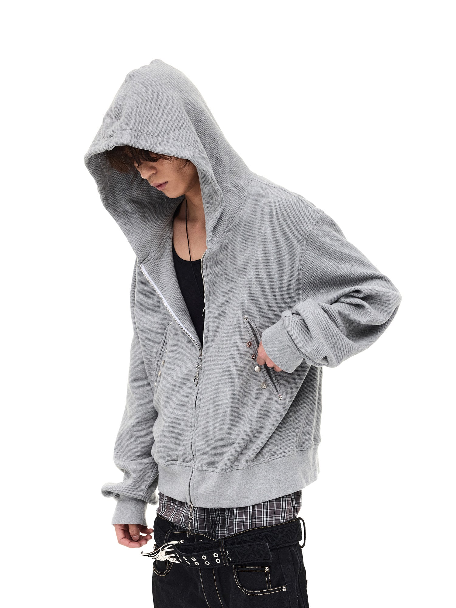 WHISTLEHUNTER Washed Waffle Studded Zip-Up Hoodie, premium urban and streetwear designers apparel on PROJECTISR.com, WHISTLEHUNTER