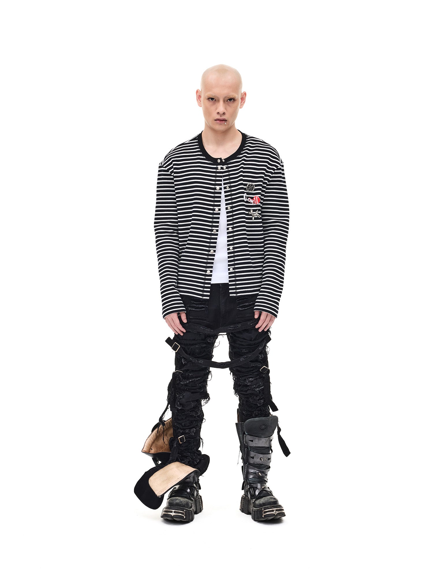 WHISTLEHUNTER Striped Badge Snap Slim Cardigan, premium urban and streetwear designers apparel on PROJECTISR.com, WHISTLEHUNTER