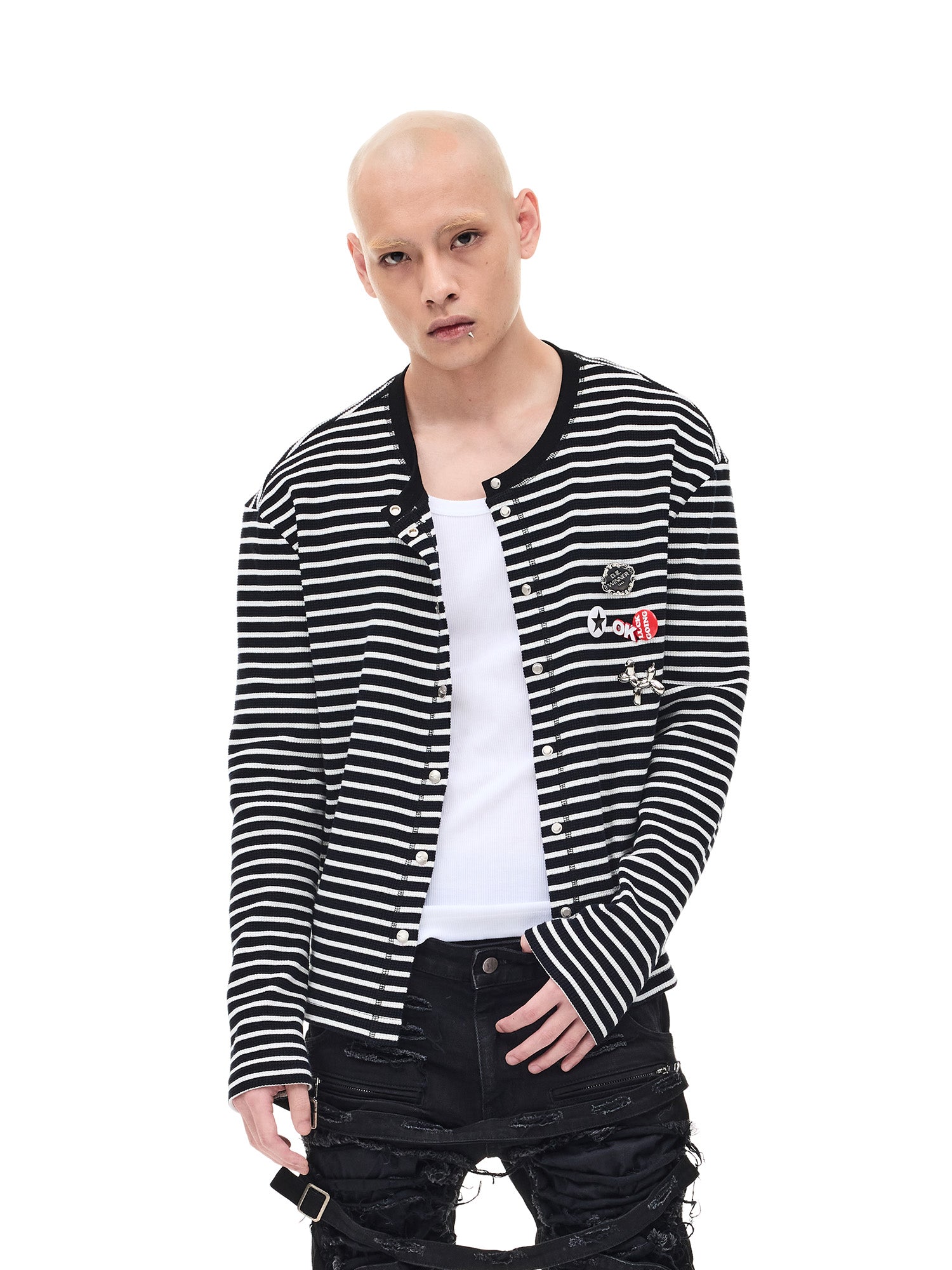 WHISTLEHUNTER Striped Badge Snap Slim Cardigan, premium urban and streetwear designers apparel on PROJECTISR.com, WHISTLEHUNTER