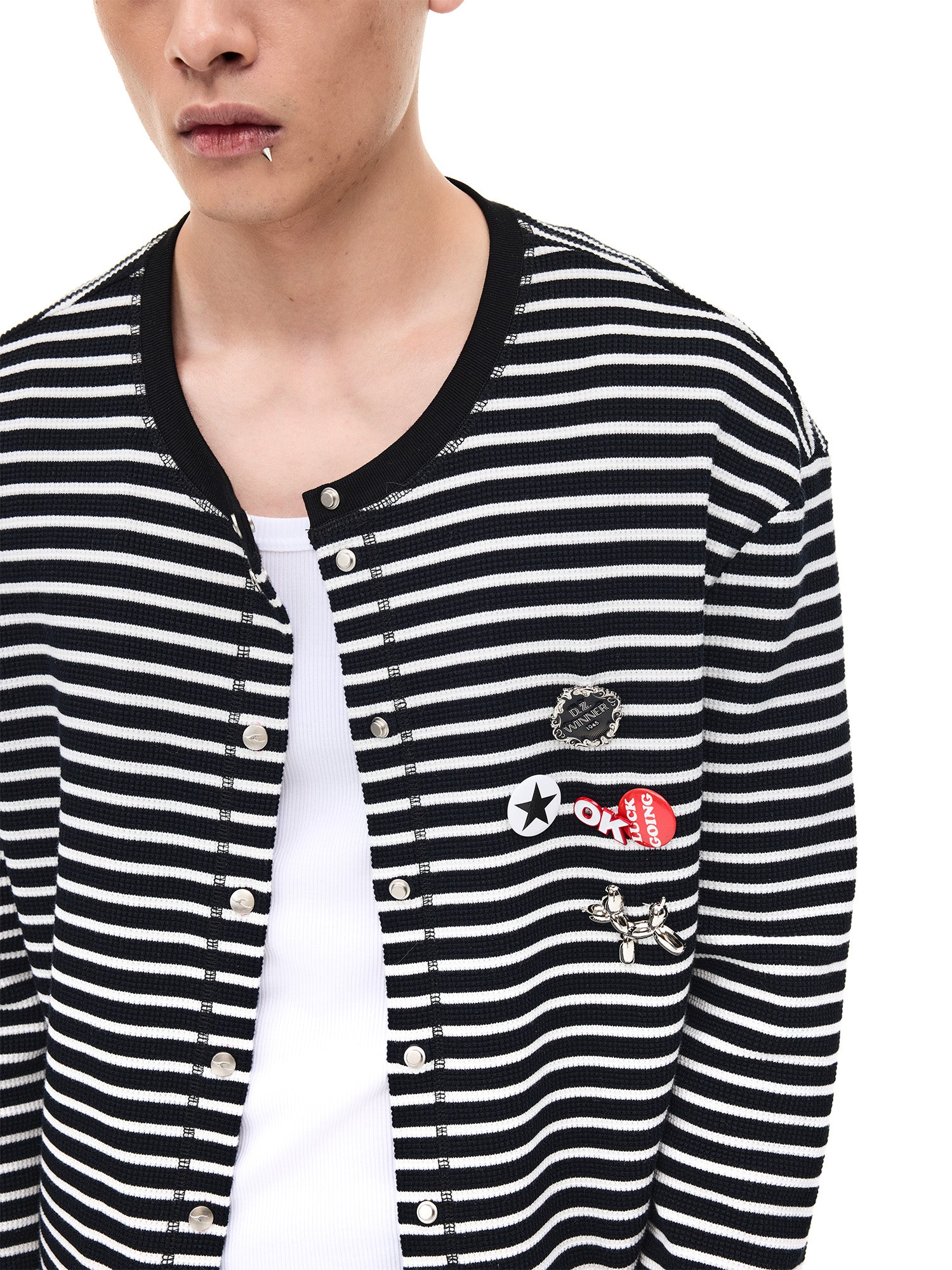WHISTLEHUNTER Striped Badge Snap Slim Cardigan, premium urban and streetwear designers apparel on PROJECTISR.com, WHISTLEHUNTER