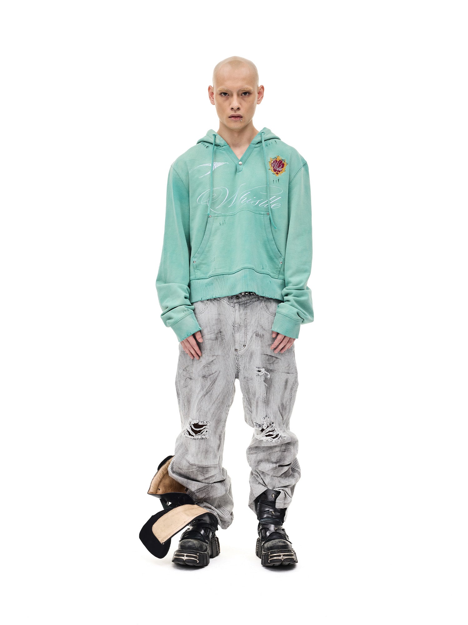 WHISTLEHUNTER Distressed Embroidered V-Neck Hoodie, premium urban and streetwear designers apparel on PROJECTISR.com, WHISTLEHUNTER