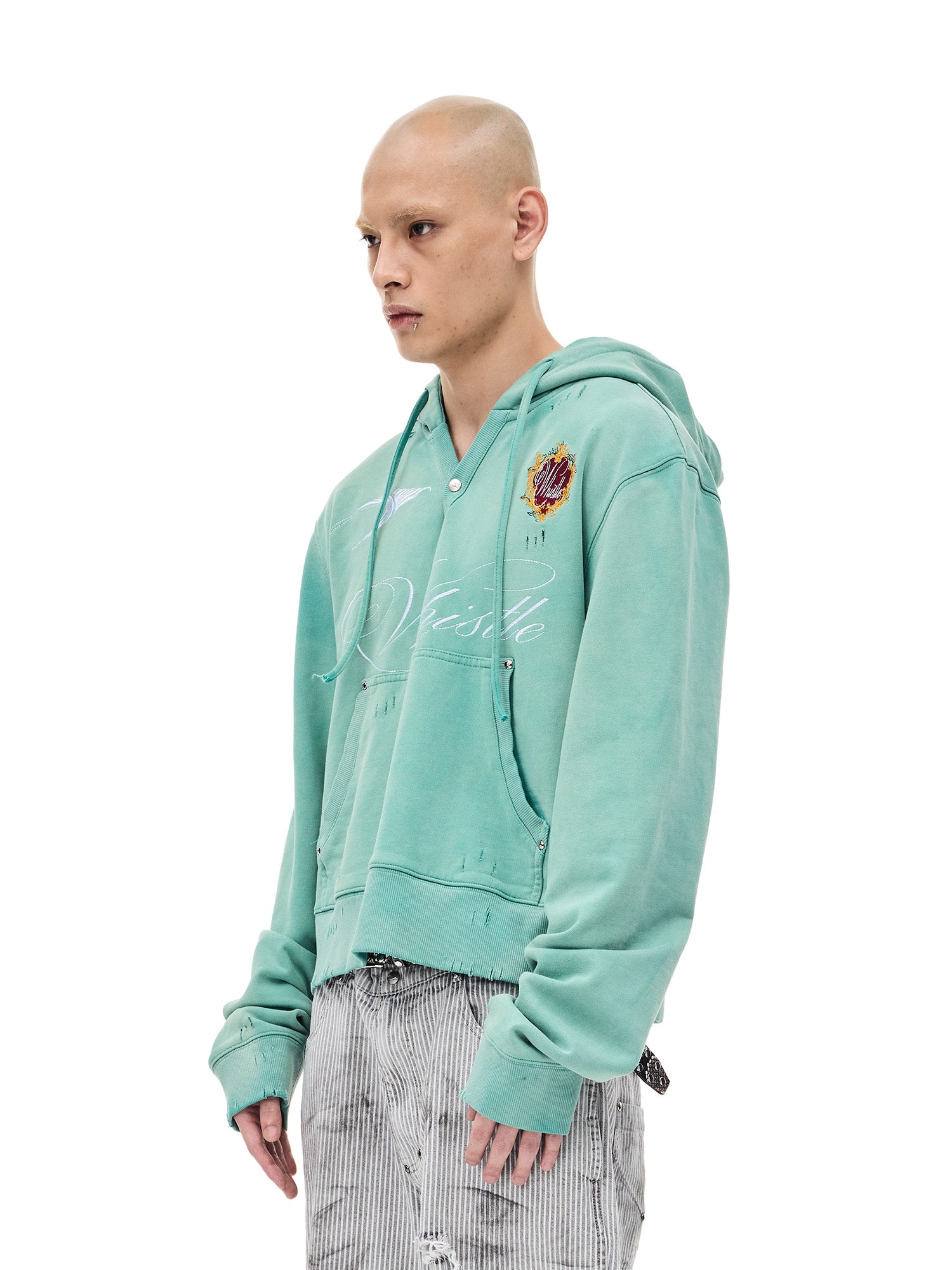 WHISTLEHUNTER Distressed Embroidered V-Neck Hoodie, premium urban and streetwear designers apparel on PROJECTISR.com, WHISTLEHUNTER
