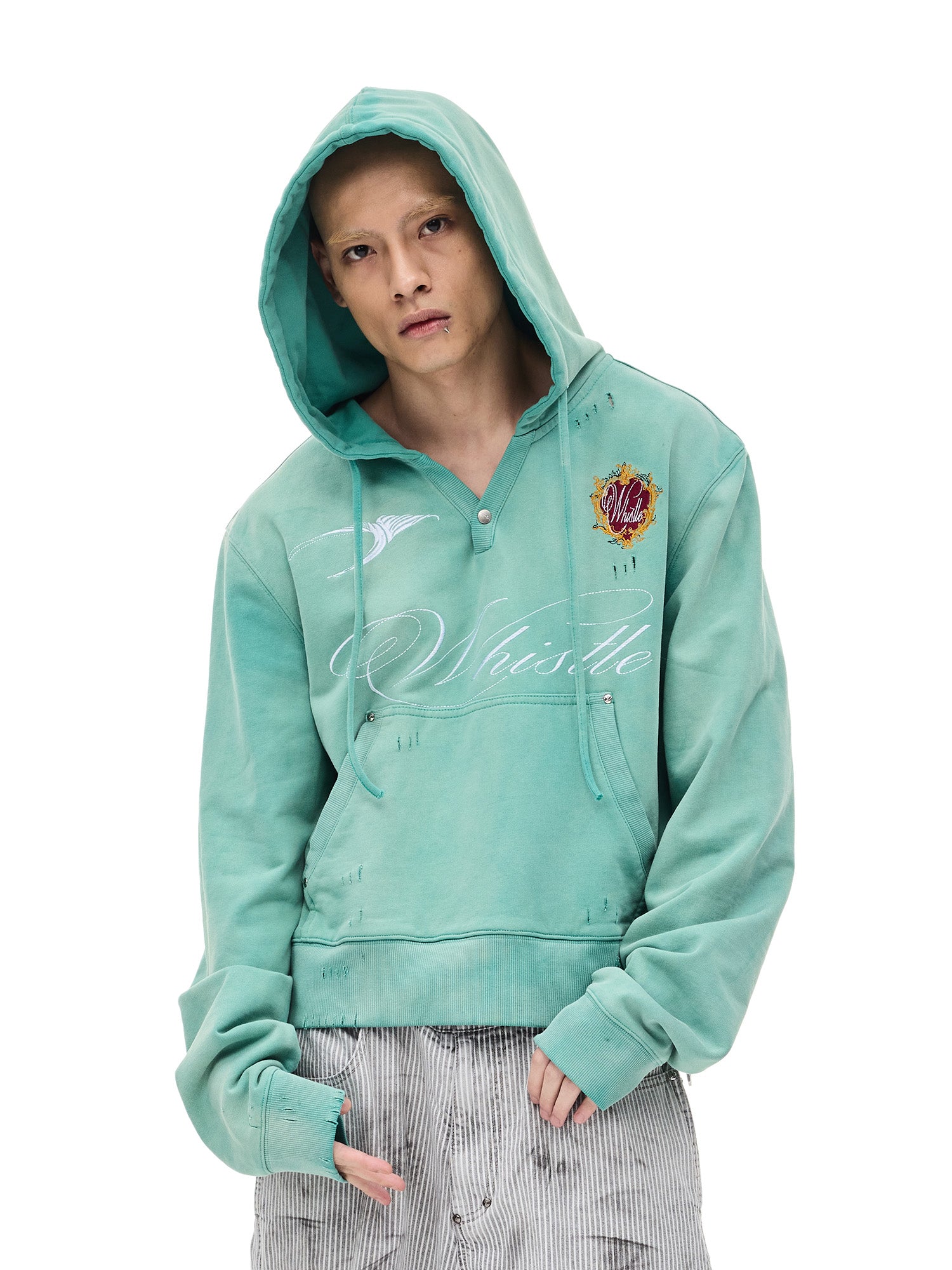 WHISTLEHUNTER Distressed Embroidered V-Neck Hoodie, premium urban and streetwear designers apparel on PROJECTISR.com, WHISTLEHUNTER