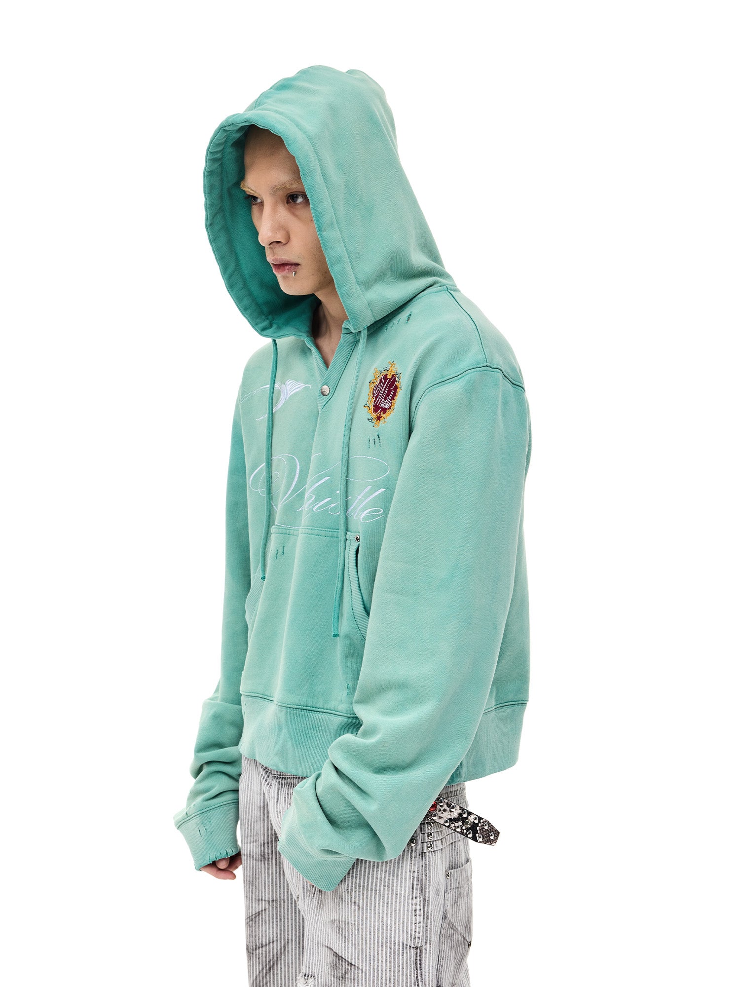 WHISTLEHUNTER Distressed Embroidered V-Neck Hoodie, premium urban and streetwear designers apparel on PROJECTISR.com, WHISTLEHUNTER