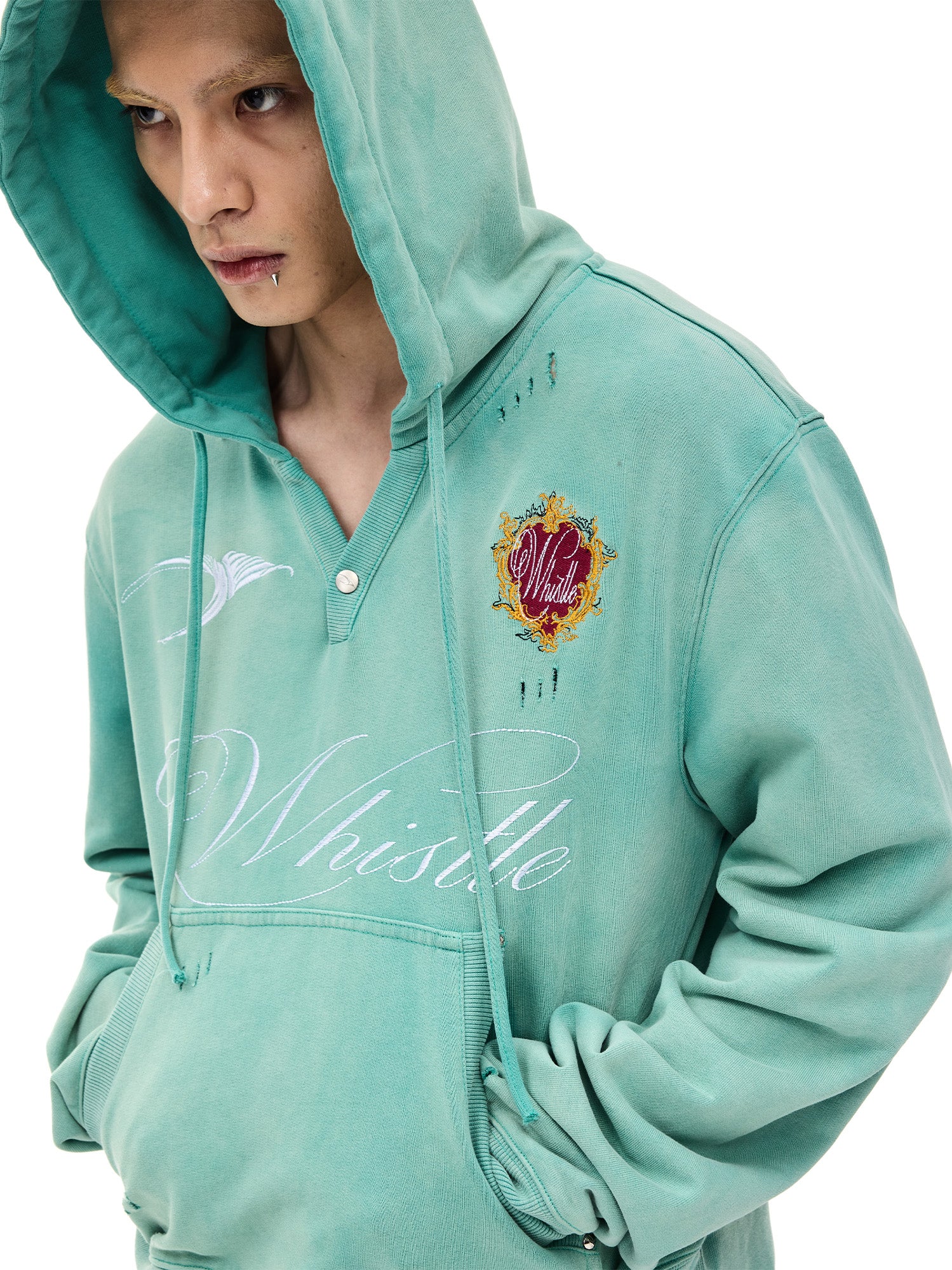 WHISTLEHUNTER Distressed Embroidered V-Neck Hoodie, premium urban and streetwear designers apparel on PROJECTISR.com, WHISTLEHUNTER