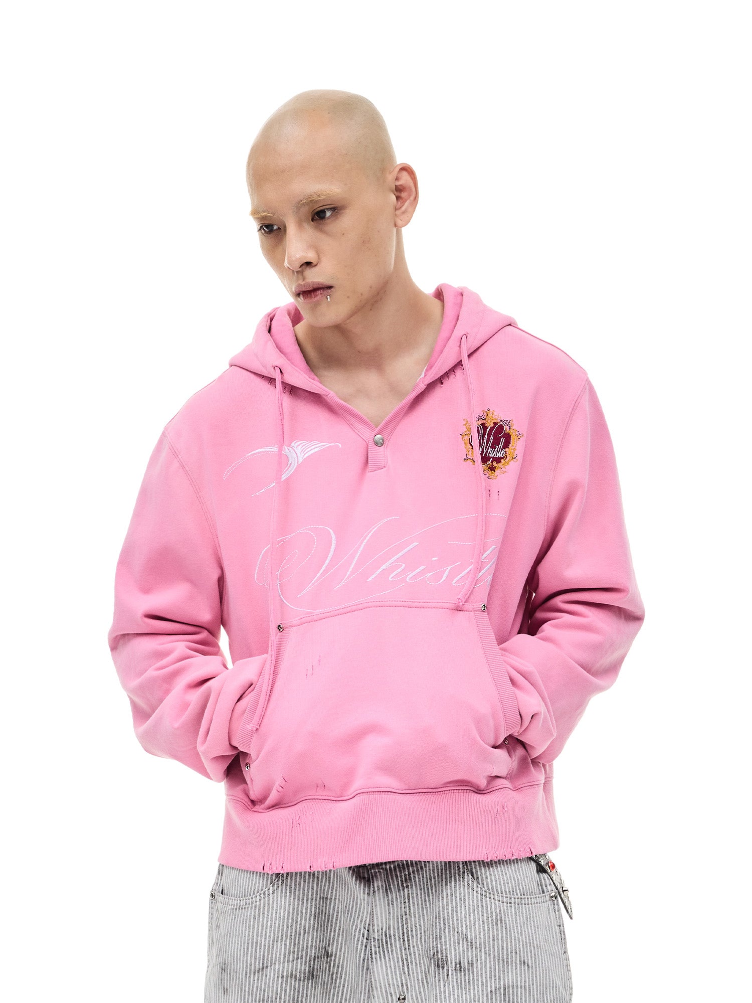 WHISTLEHUNTER Distressed Embroidered V-Neck Hoodie, premium urban and streetwear designers apparel on PROJECTISR.com, WHISTLEHUNTER