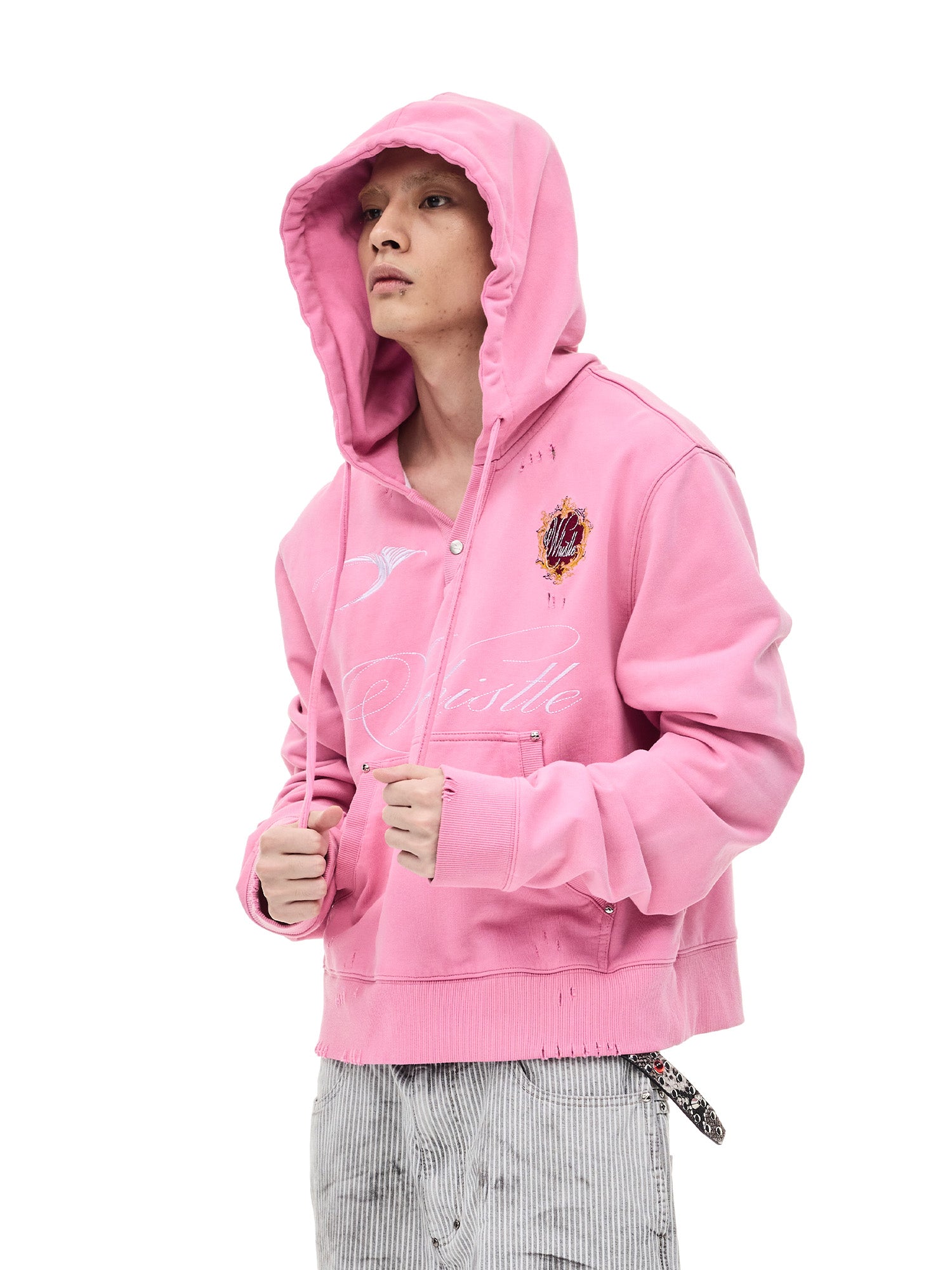 WHISTLEHUNTER Distressed Embroidered V-Neck Hoodie, premium urban and streetwear designers apparel on PROJECTISR.com, WHISTLEHUNTER