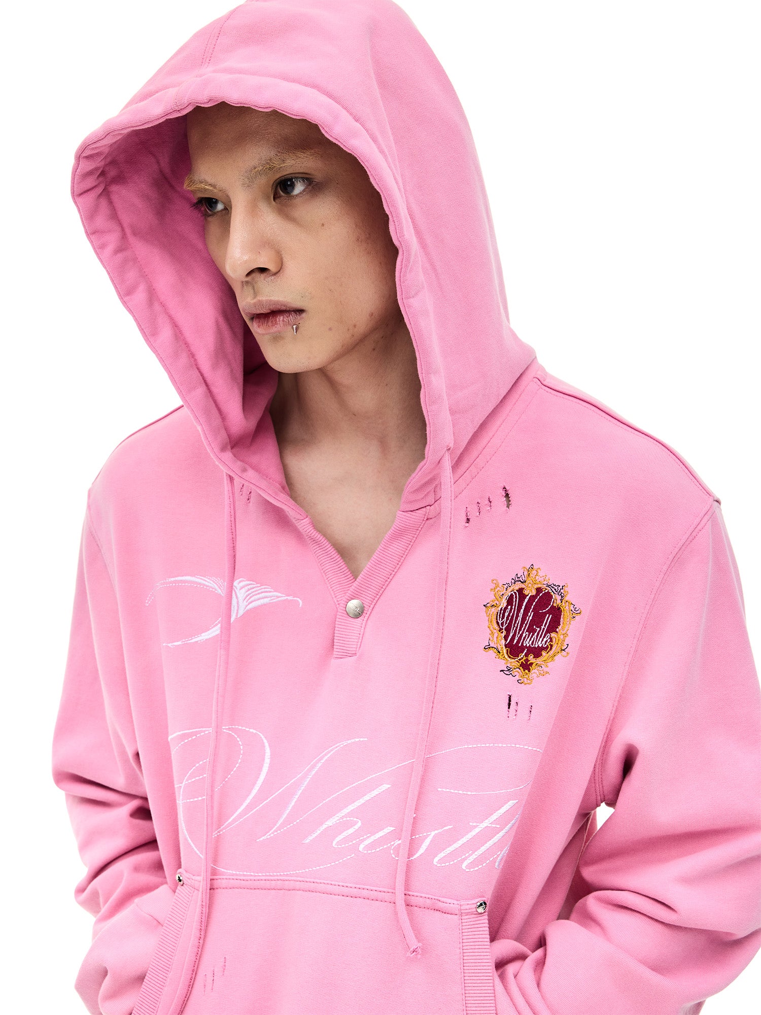 WHISTLEHUNTER Distressed Embroidered V-Neck Hoodie, premium urban and streetwear designers apparel on PROJECTISR.com, WHISTLEHUNTER