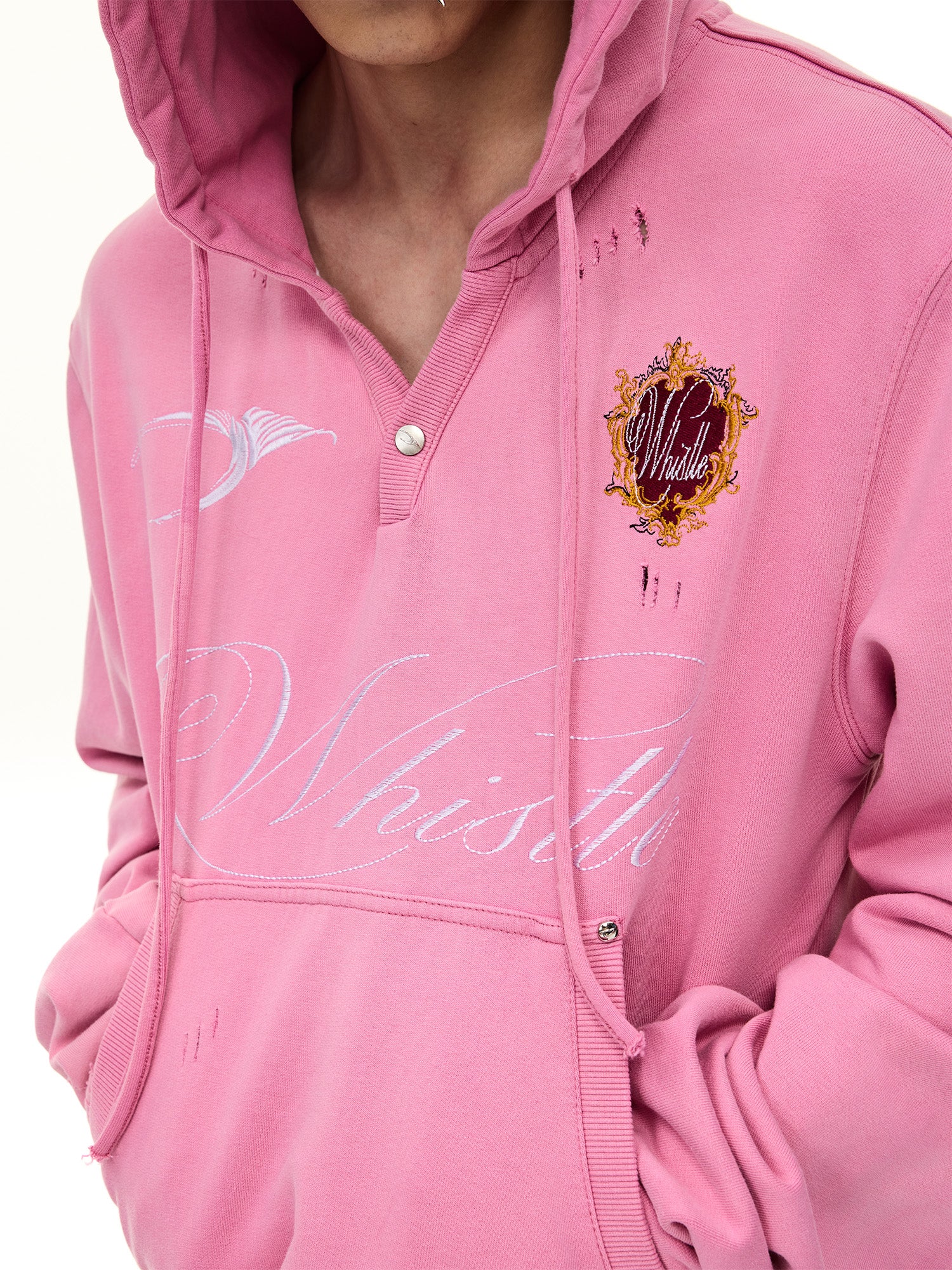 WHISTLEHUNTER Distressed Embroidered V-Neck Hoodie, premium urban and streetwear designers apparel on PROJECTISR.com, WHISTLEHUNTER