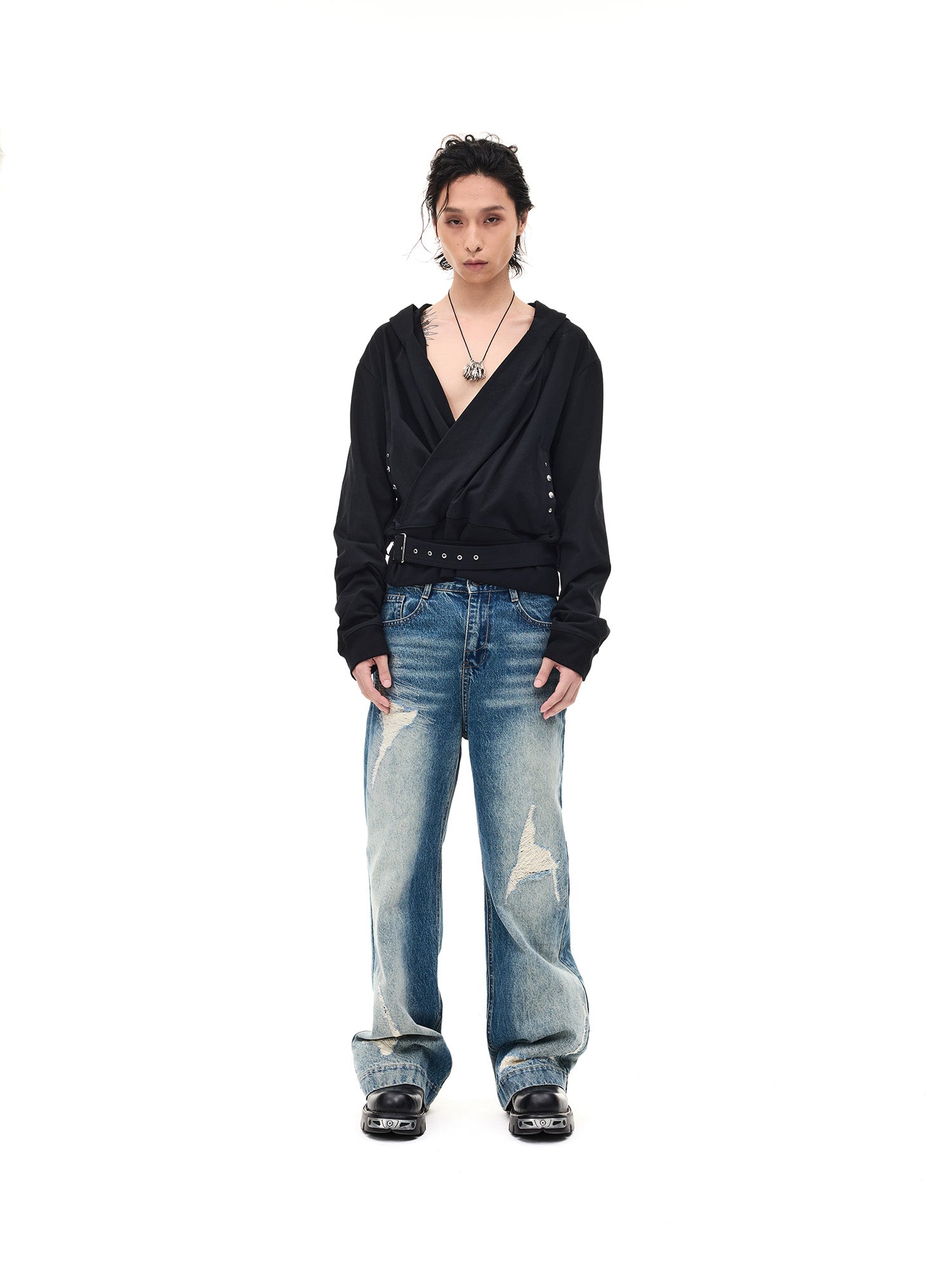 WHISTLEHUNTER Detachable-Belt Deep V-Cut Hardware Hoodie, premium urban and streetwear designers apparel on PROJECTISR.com, WHISTLEHUNTER