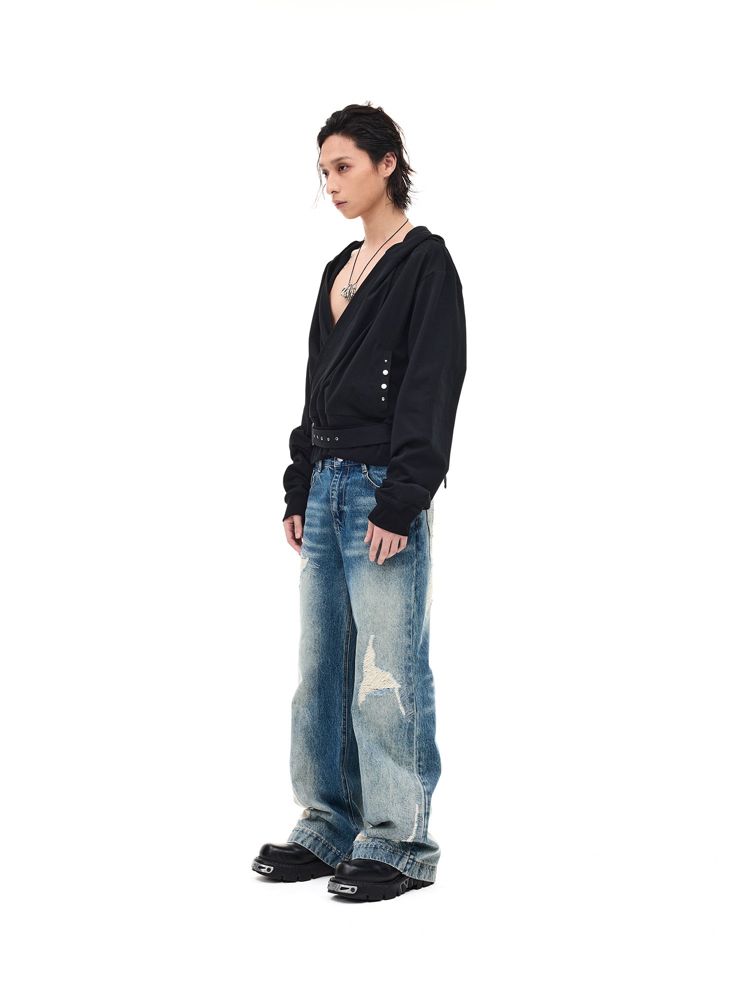 WHISTLEHUNTER Detachable-Belt Deep V-Cut Hardware Hoodie, premium urban and streetwear designers apparel on PROJECTISR.com, WHISTLEHUNTER