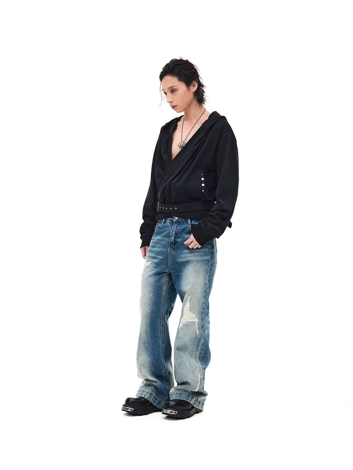 WHISTLEHUNTER Detachable-Belt Deep V-Cut Hardware Hoodie, premium urban and streetwear designers apparel on PROJECTISR.com, WHISTLEHUNTER