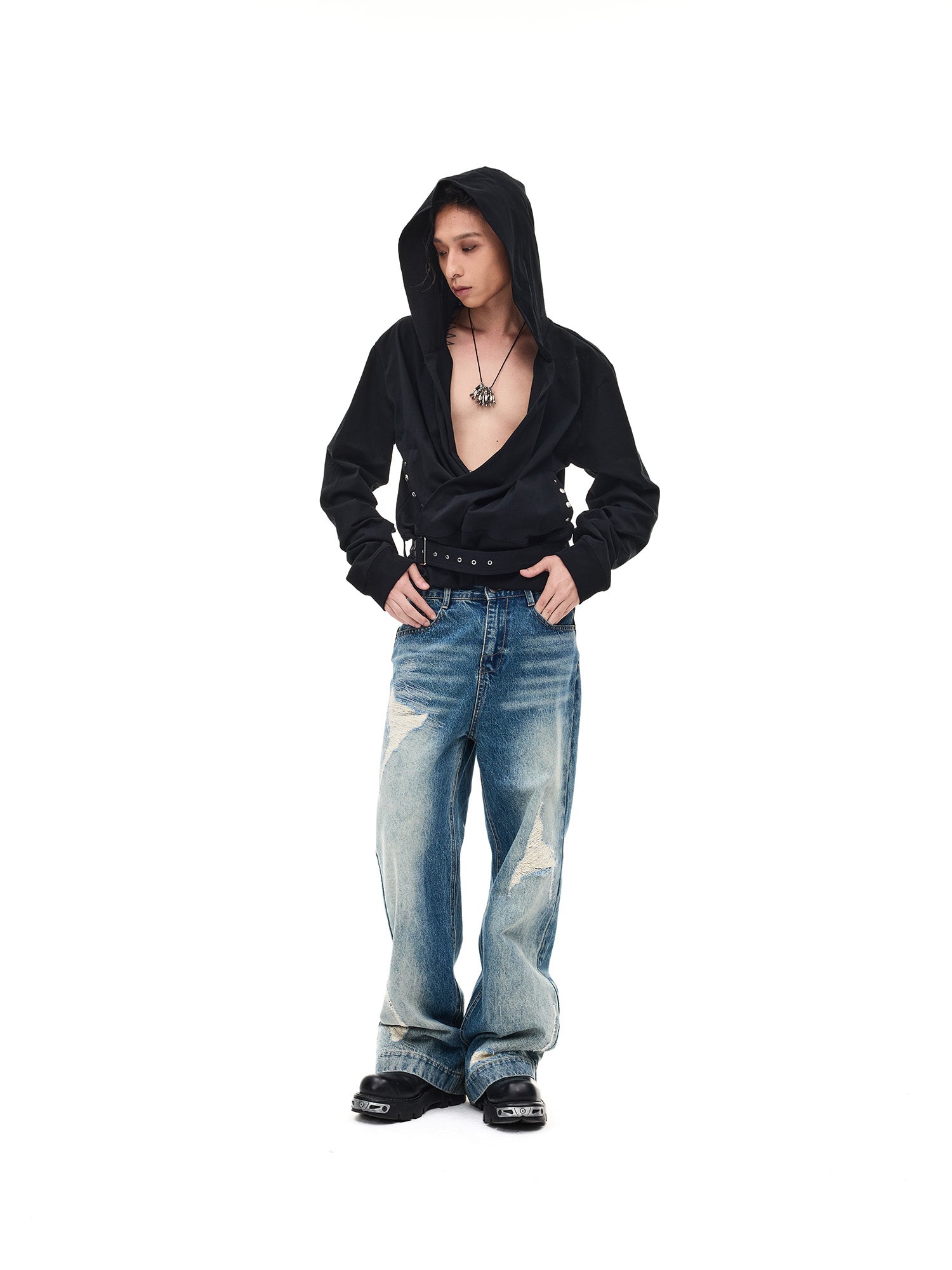 WHISTLEHUNTER Detachable-Belt Deep V-Cut Hardware Hoodie, premium urban and streetwear designers apparel on PROJECTISR.com, WHISTLEHUNTER