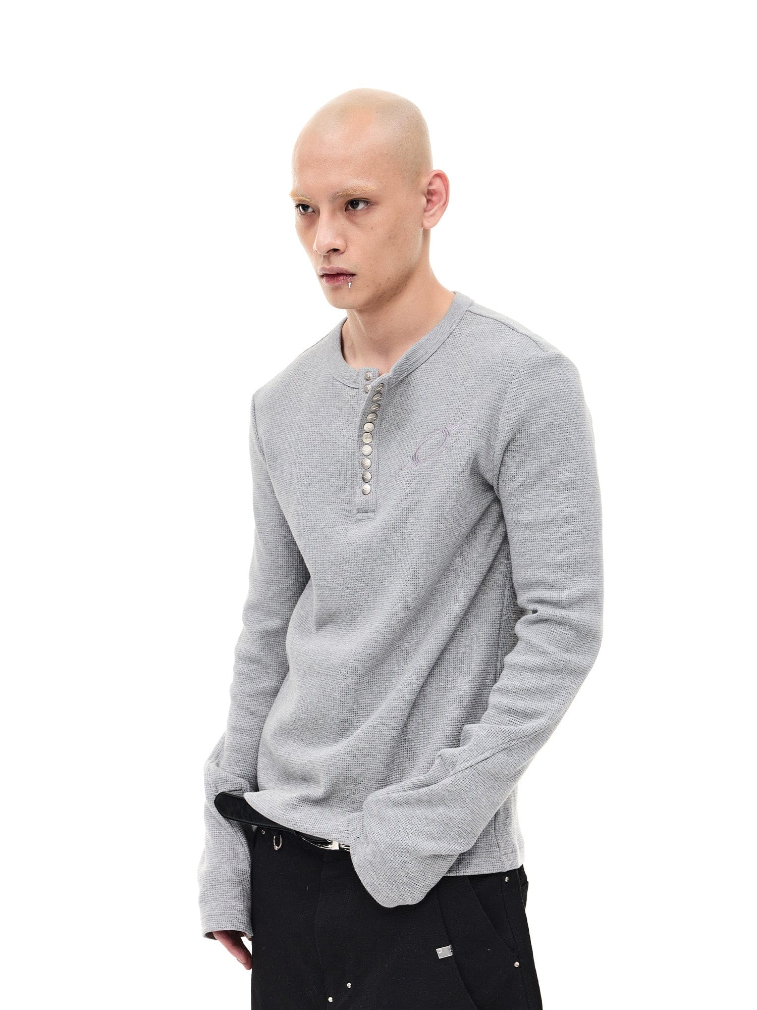 WHISTLEHUNTER Waffle-Knit Snap Henley Long-Sleeve Tee, premium urban and streetwear designers apparel on PROJECTISR.com, WHISTLEHUNTER