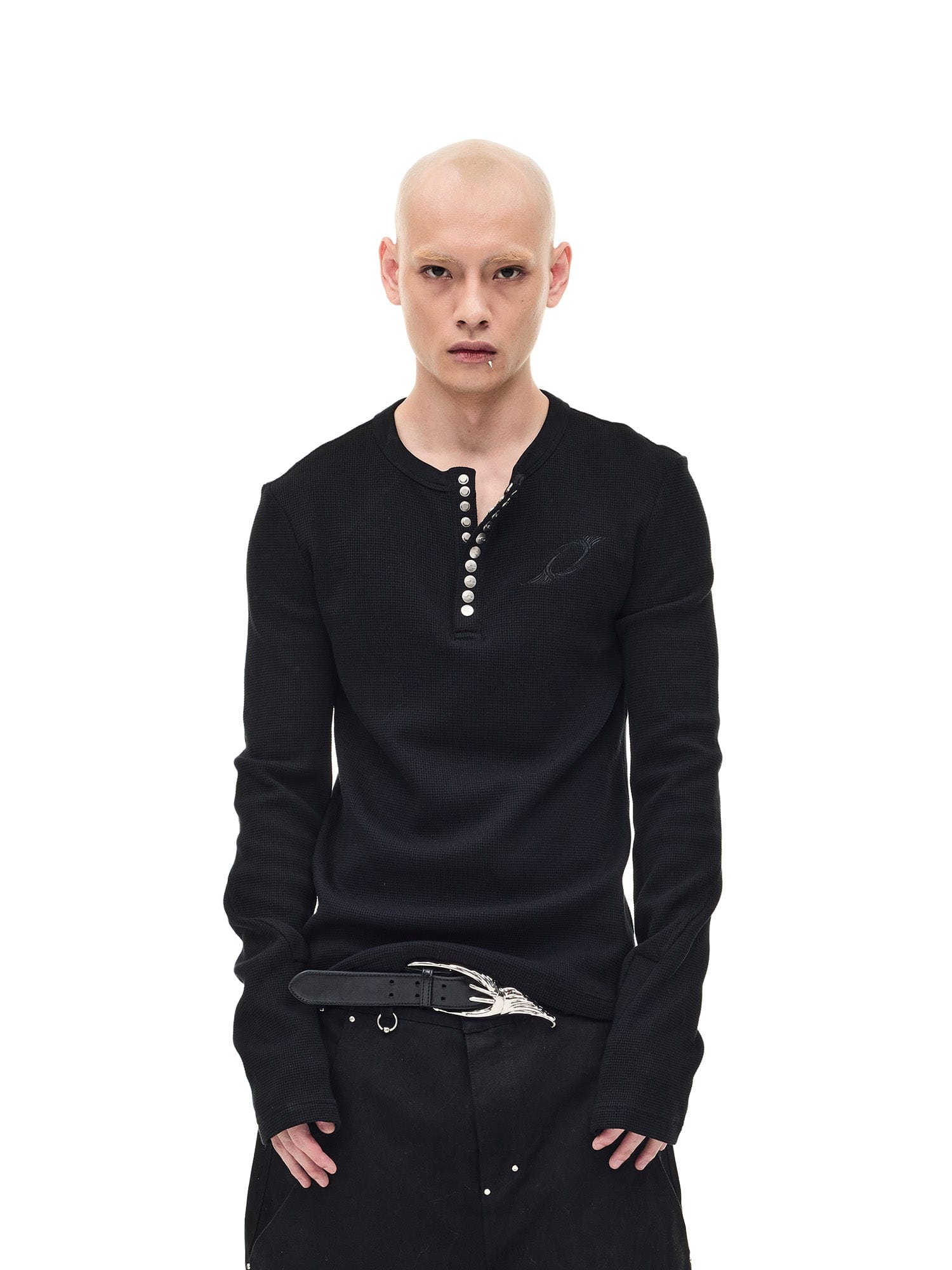 WHISTLEHUNTER Waffle-Knit Snap Henley Long-Sleeve Tee, premium urban and streetwear designers apparel on PROJECTISR.com, WHISTLEHUNTER