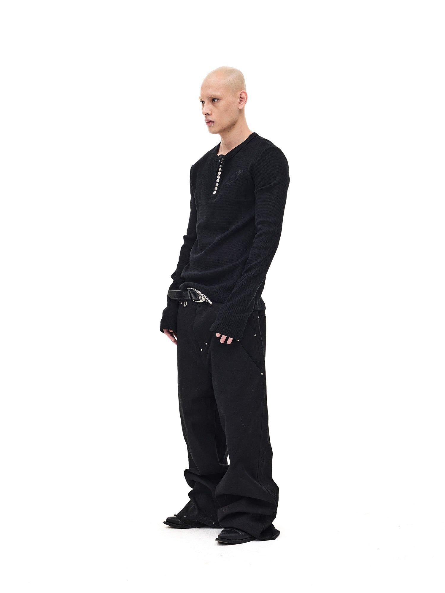 WHISTLEHUNTER Waffle-Knit Snap Henley Long-Sleeve Tee, premium urban and streetwear designers apparel on PROJECTISR.com, WHISTLEHUNTER