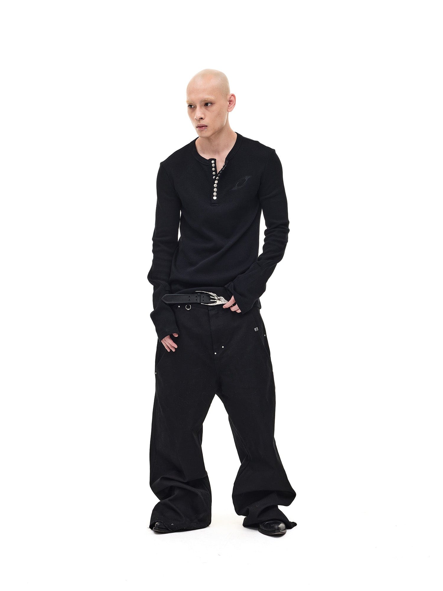 WHISTLEHUNTER Waffle-Knit Snap Henley Long-Sleeve Tee, premium urban and streetwear designers apparel on PROJECTISR.com, WHISTLEHUNTER