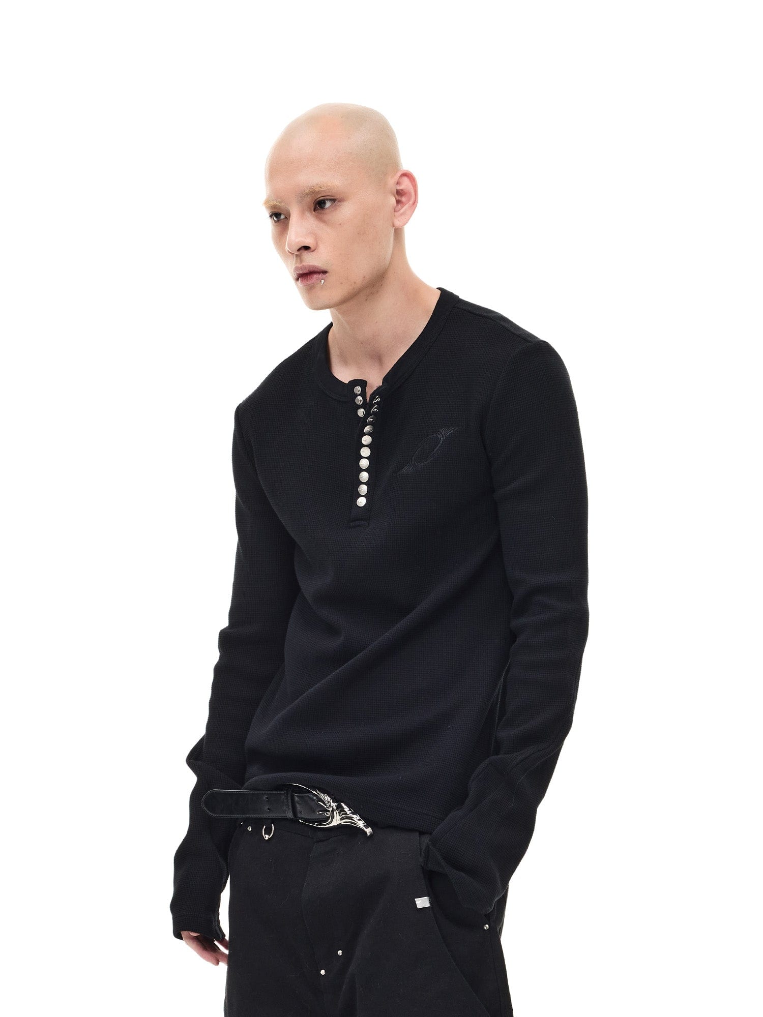 WHISTLEHUNTER Waffle-Knit Snap Henley Long-Sleeve Tee, premium urban and streetwear designers apparel on PROJECTISR.com, WHISTLEHUNTER