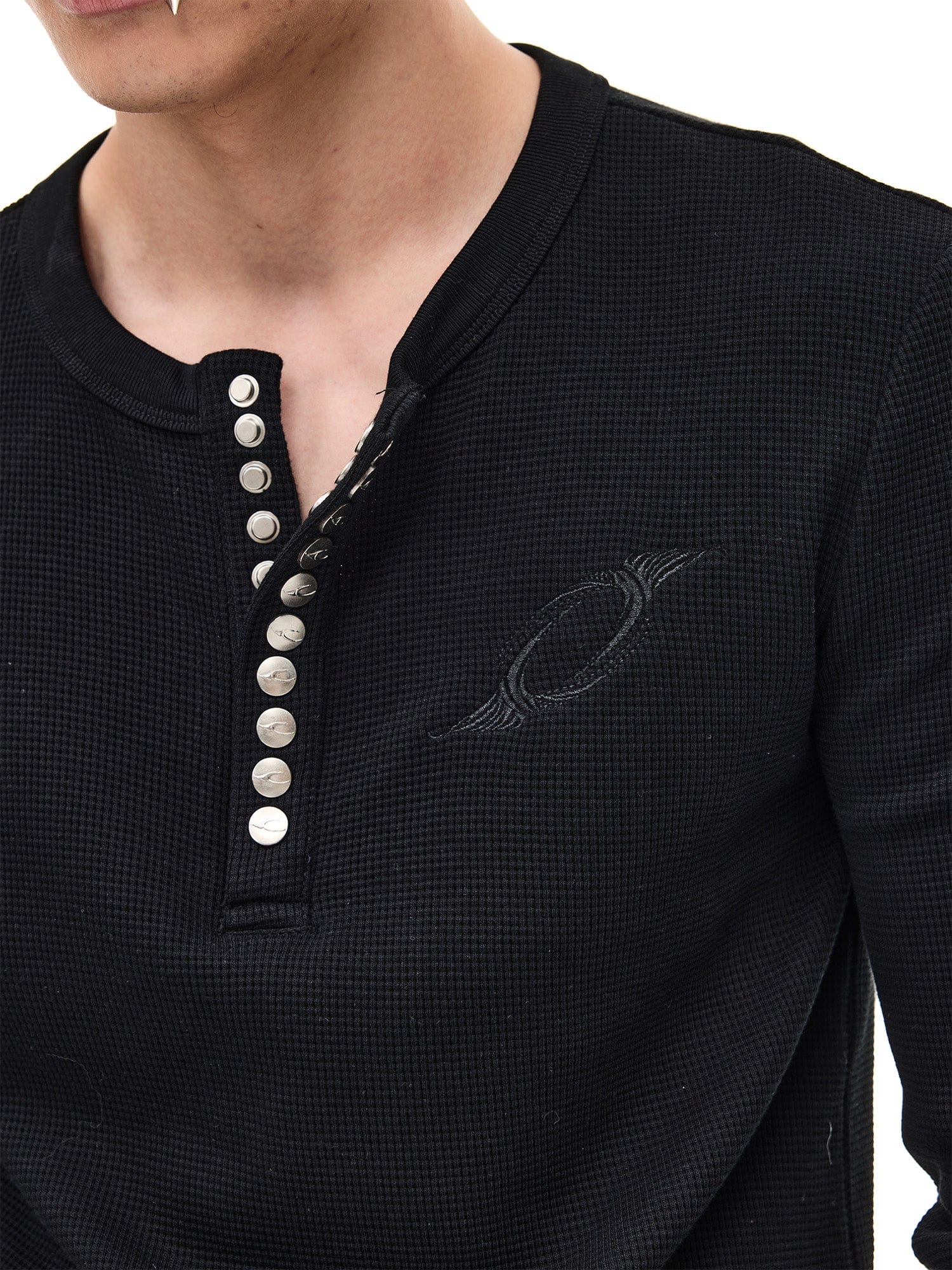 WHISTLEHUNTER Waffle-Knit Snap Henley Long-Sleeve Tee, premium urban and streetwear designers apparel on PROJECTISR.com, WHISTLEHUNTER