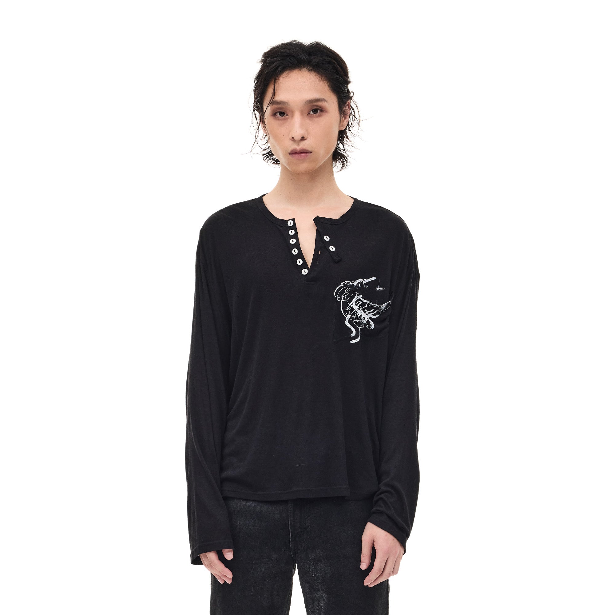 WHISTLEHUNTER Merino-Tencel Henley Graphic Long-Sleeve Tee, premium urban and streetwear designers apparel on PROJECTISR.com, WHISTLEHUNTER