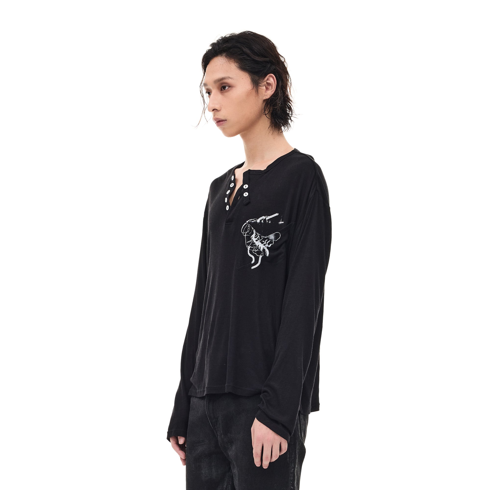 WHISTLEHUNTER Merino-Tencel Henley Graphic Long-Sleeve Tee, premium urban and streetwear designers apparel on PROJECTISR.com, WHISTLEHUNTER