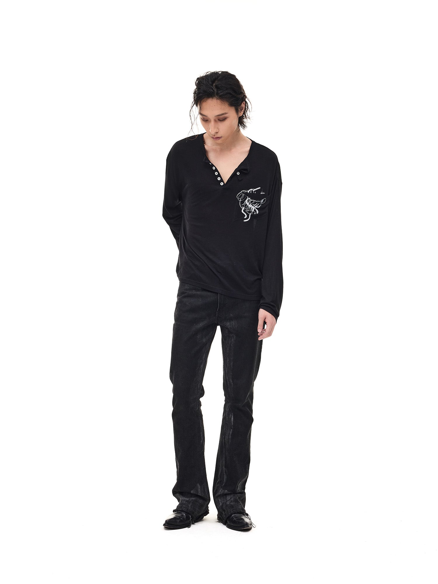 WHISTLEHUNTER Merino-Tencel Henley Graphic Long-Sleeve Tee, premium urban and streetwear designers apparel on PROJECTISR.com, WHISTLEHUNTER