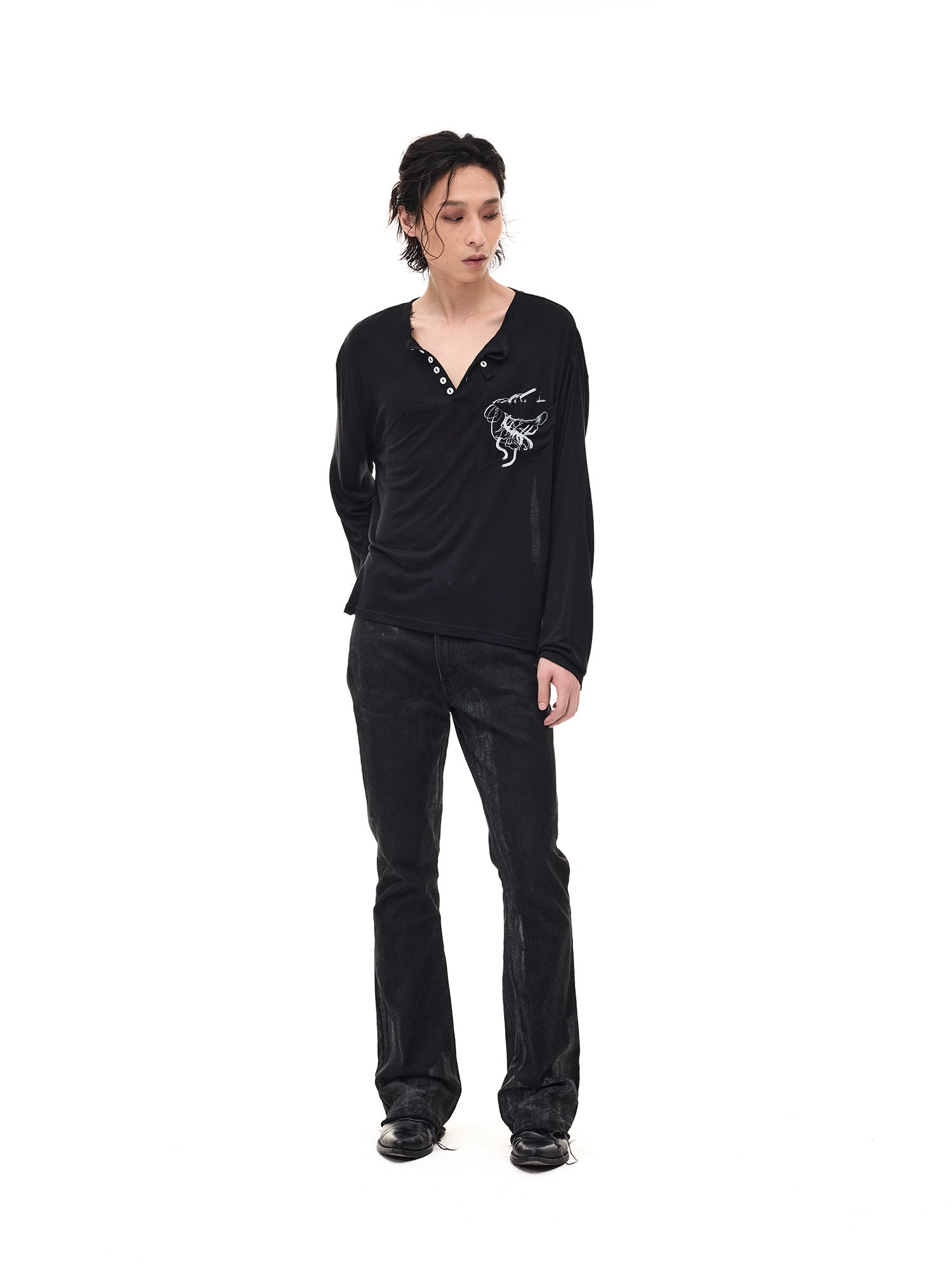 WHISTLEHUNTER Merino-Tencel Henley Graphic Long-Sleeve Tee, premium urban and streetwear designers apparel on PROJECTISR.com, WHISTLEHUNTER