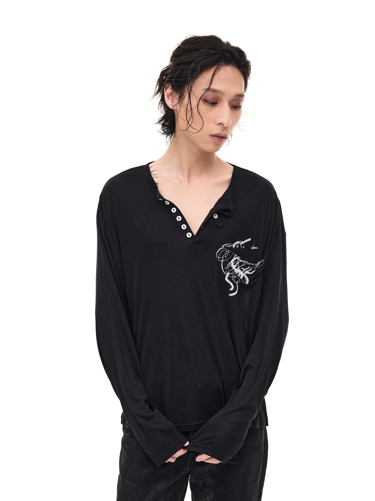 WHISTLEHUNTER Merino-Tencel Henley Graphic Long-Sleeve Tee, premium urban and streetwear designers apparel on PROJECTISR.com, WHISTLEHUNTER