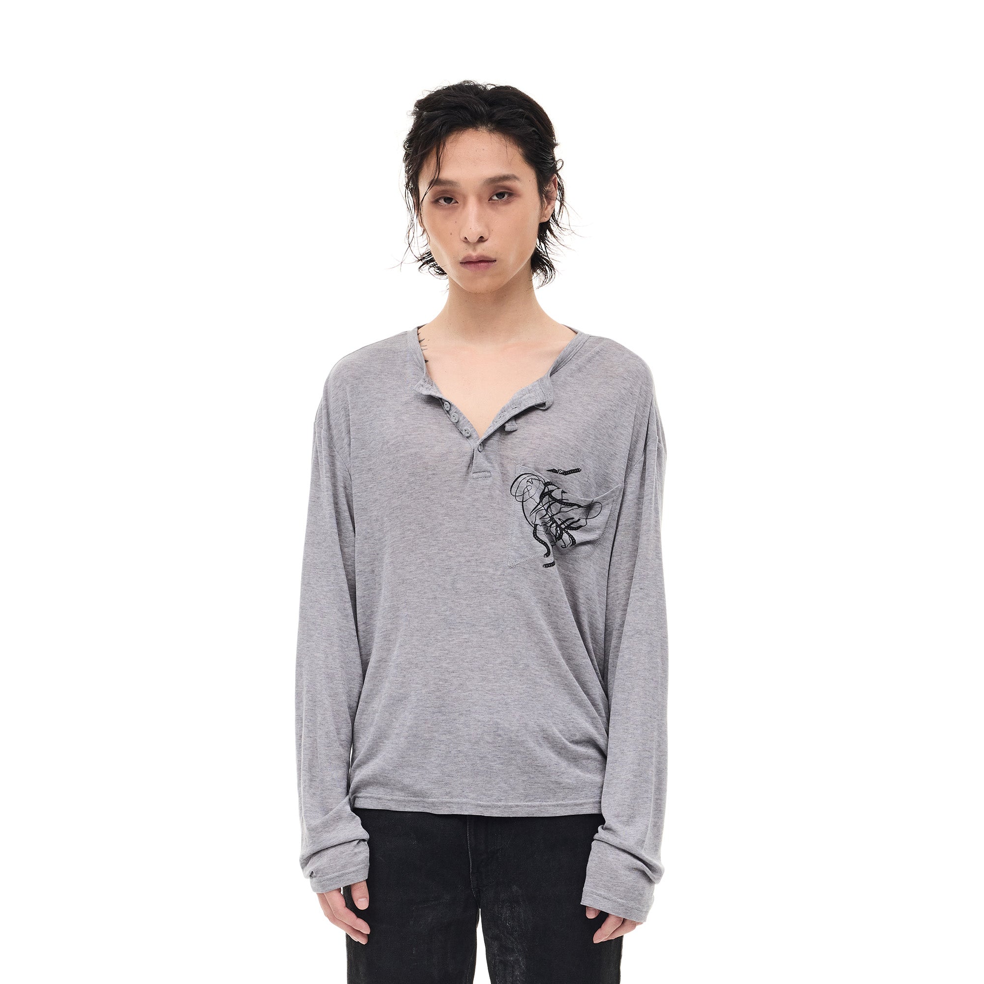 WHISTLEHUNTER Merino-Tencel Henley Graphic Long-Sleeve Tee, premium urban and streetwear designers apparel on PROJECTISR.com, WHISTLEHUNTER