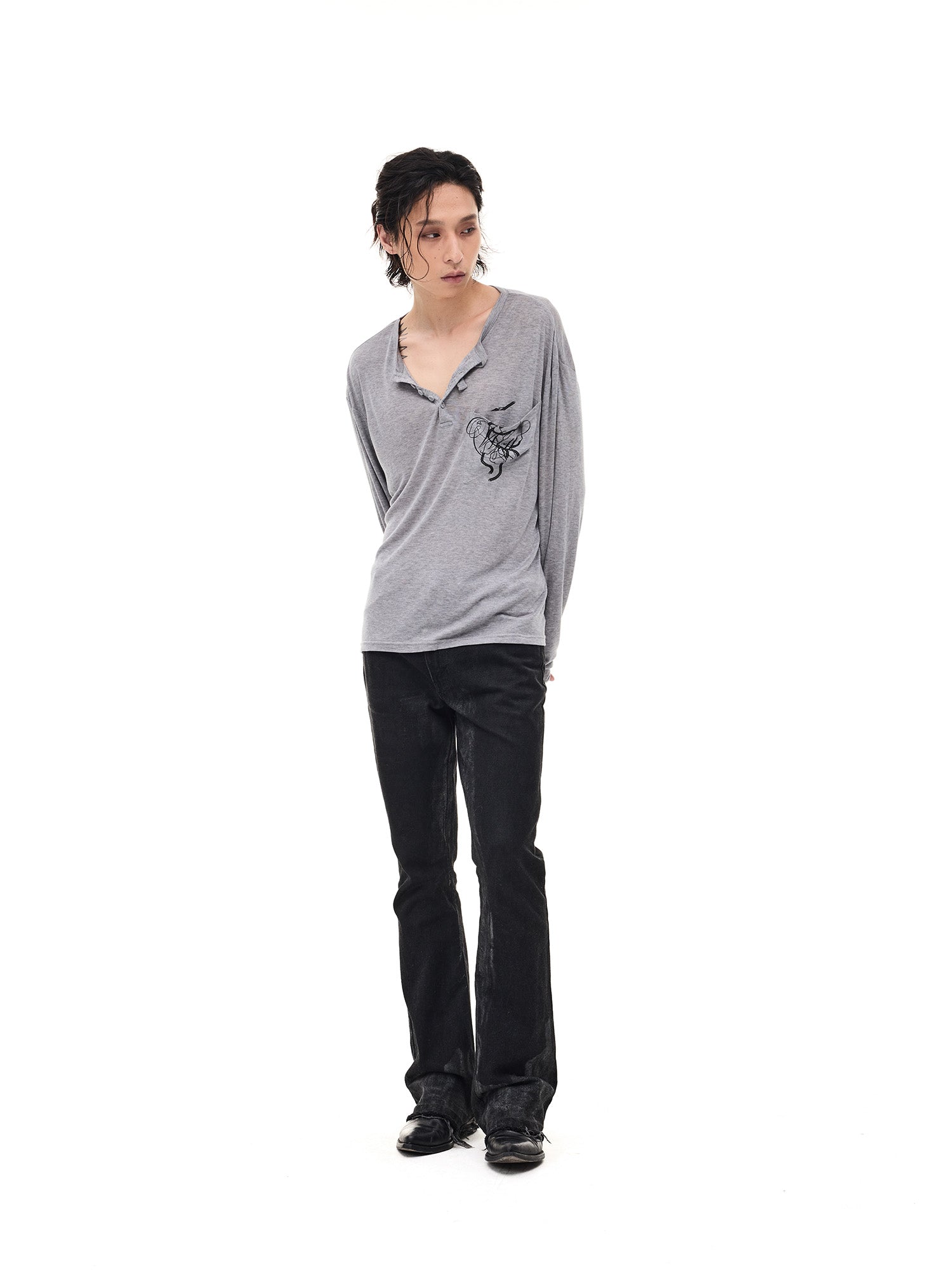 WHISTLEHUNTER Merino-Tencel Henley Graphic Long-Sleeve Tee, premium urban and streetwear designers apparel on PROJECTISR.com, WHISTLEHUNTER