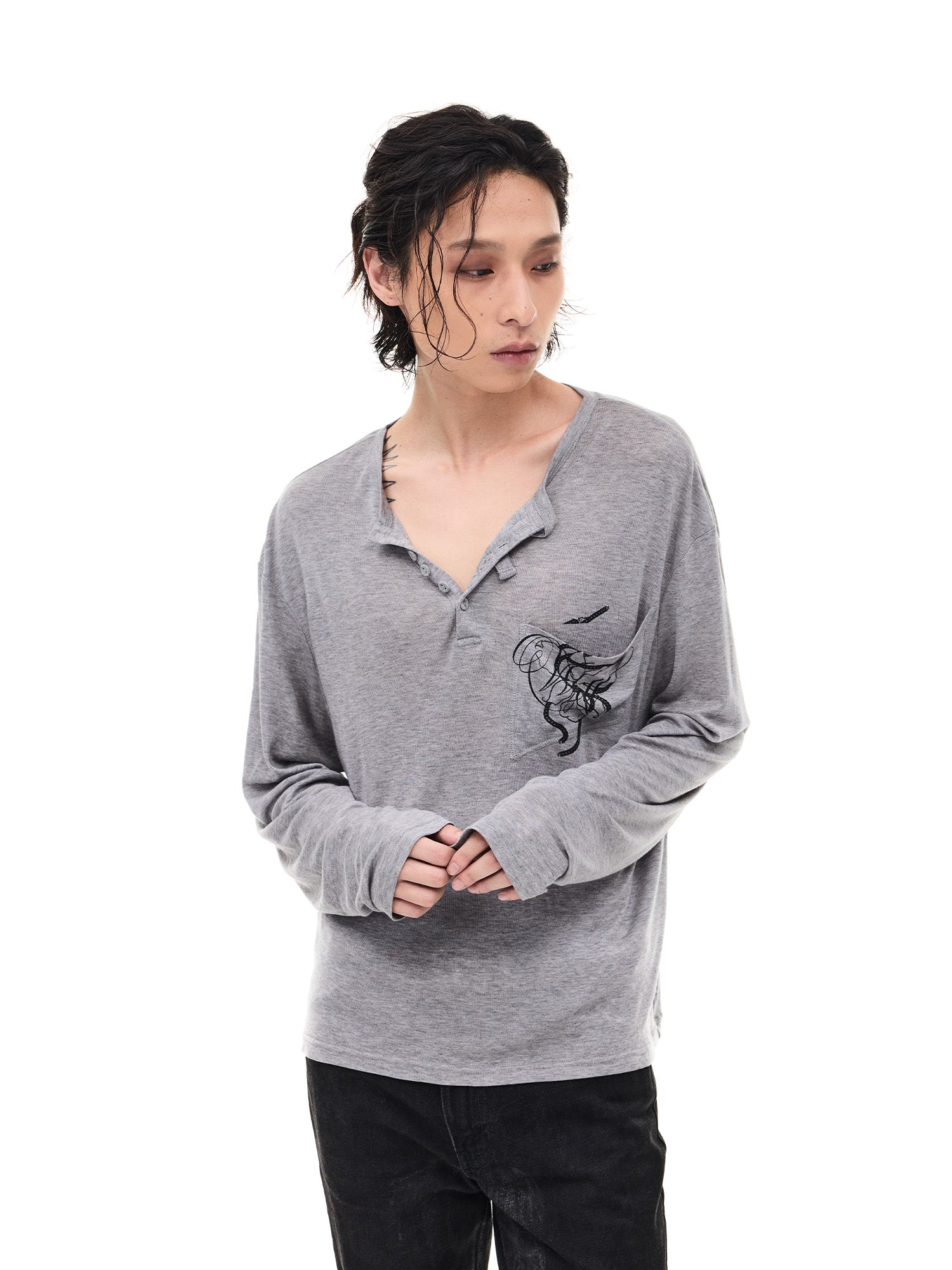 WHISTLEHUNTER Merino-Tencel Henley Graphic Long-Sleeve Tee, premium urban and streetwear designers apparel on PROJECTISR.com, WHISTLEHUNTER