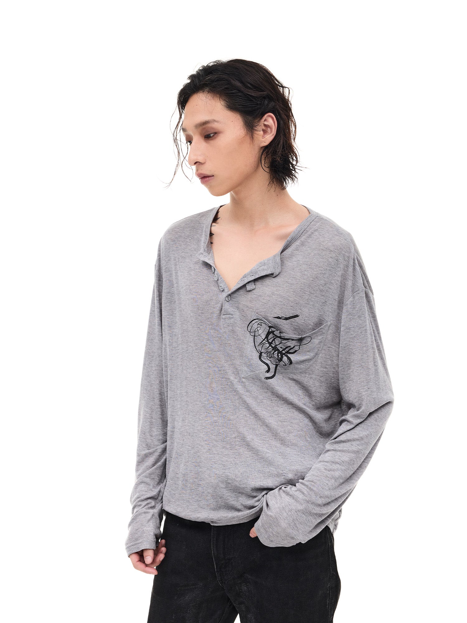 WHISTLEHUNTER Merino-Tencel Henley Graphic Long-Sleeve Tee, premium urban and streetwear designers apparel on PROJECTISR.com, WHISTLEHUNTER