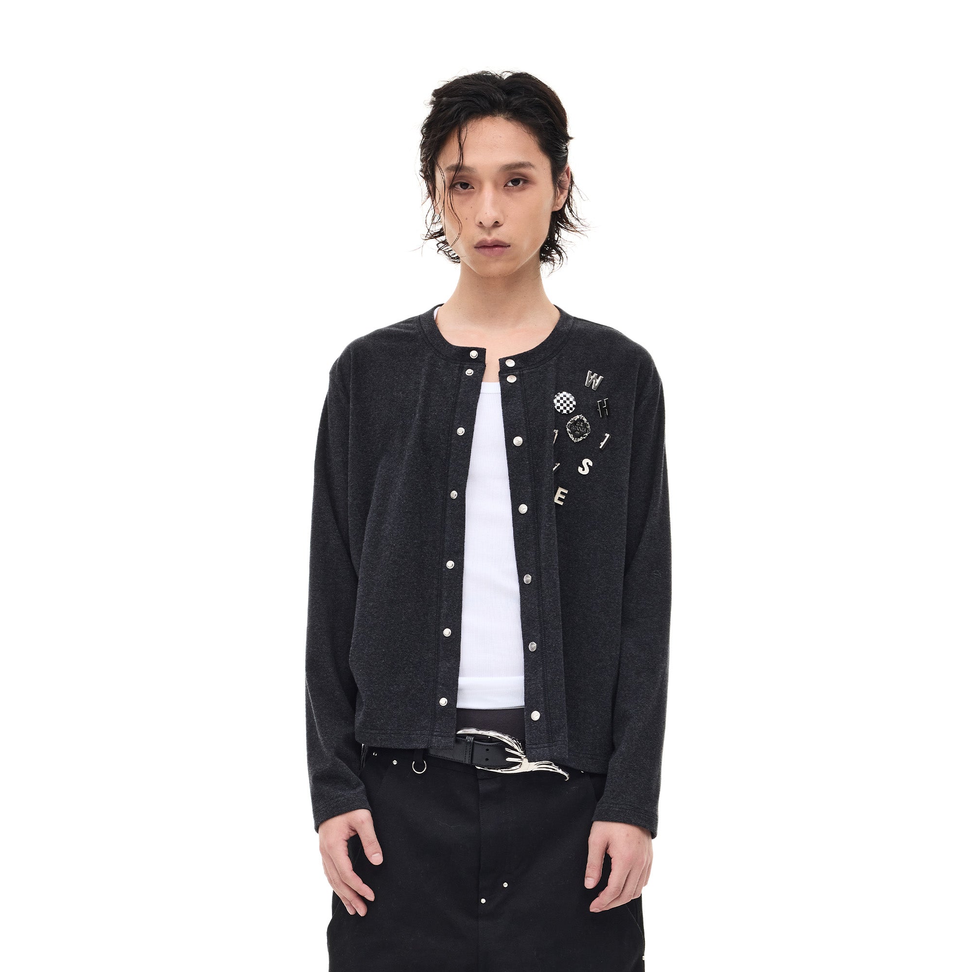 WHISTLEHUNTER Monogram Pin Wool-Blend Snap Cardigan, premium urban and streetwear designers apparel on PROJECTISR.com, WHISTLEHUNTER