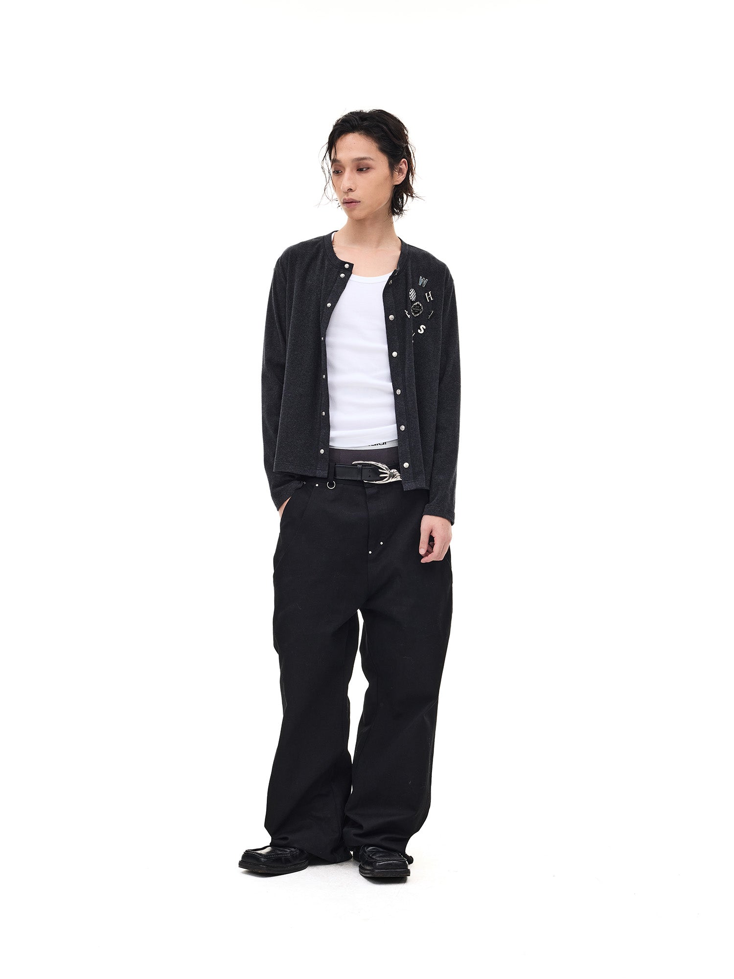 WHISTLEHUNTER Monogram Pin Wool-Blend Snap Cardigan, premium urban and streetwear designers apparel on PROJECTISR.com, WHISTLEHUNTER