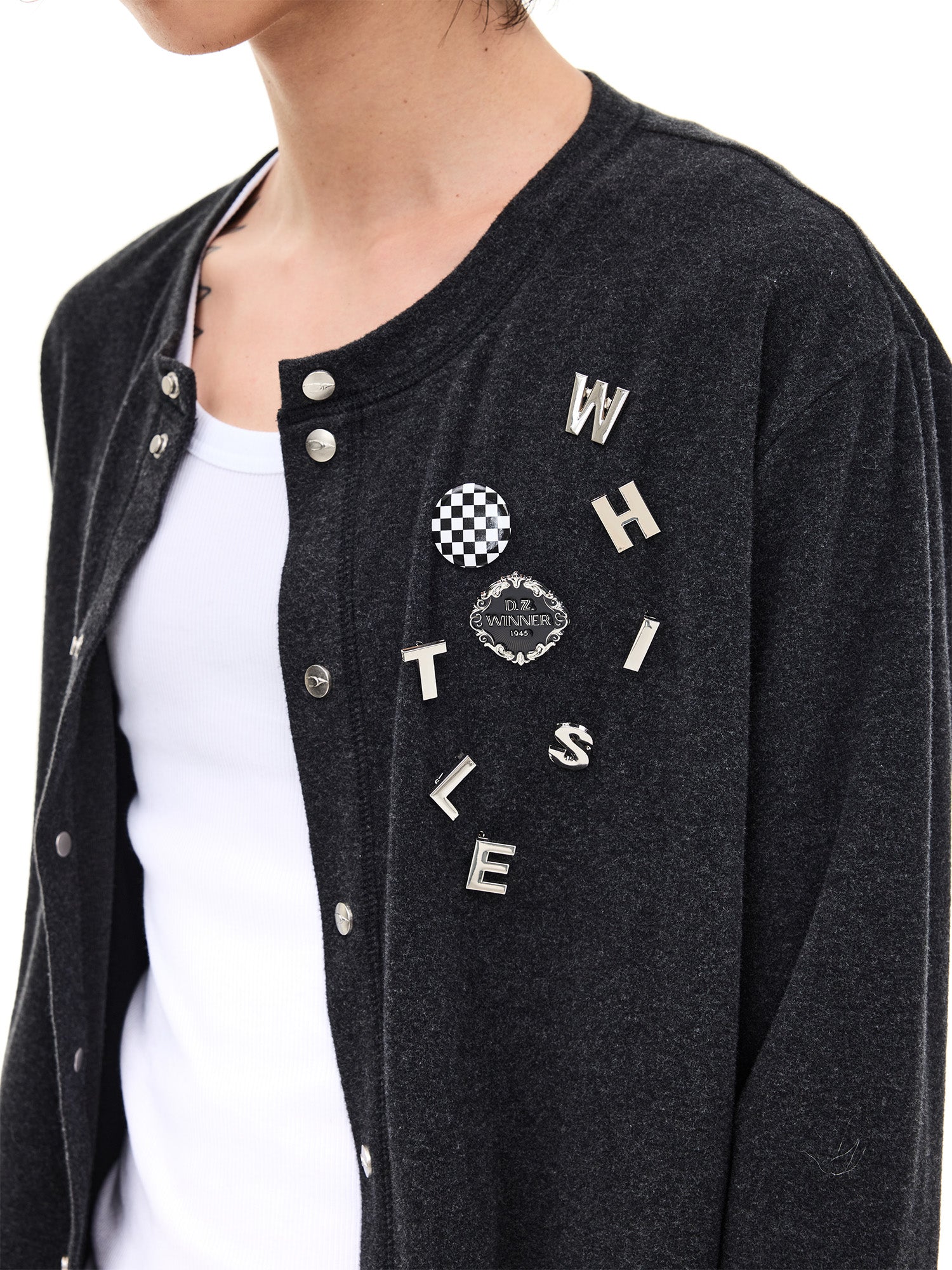 WHISTLEHUNTER Monogram Pin Wool-Blend Snap Cardigan, premium urban and streetwear designers apparel on PROJECTISR.com, WHISTLEHUNTER