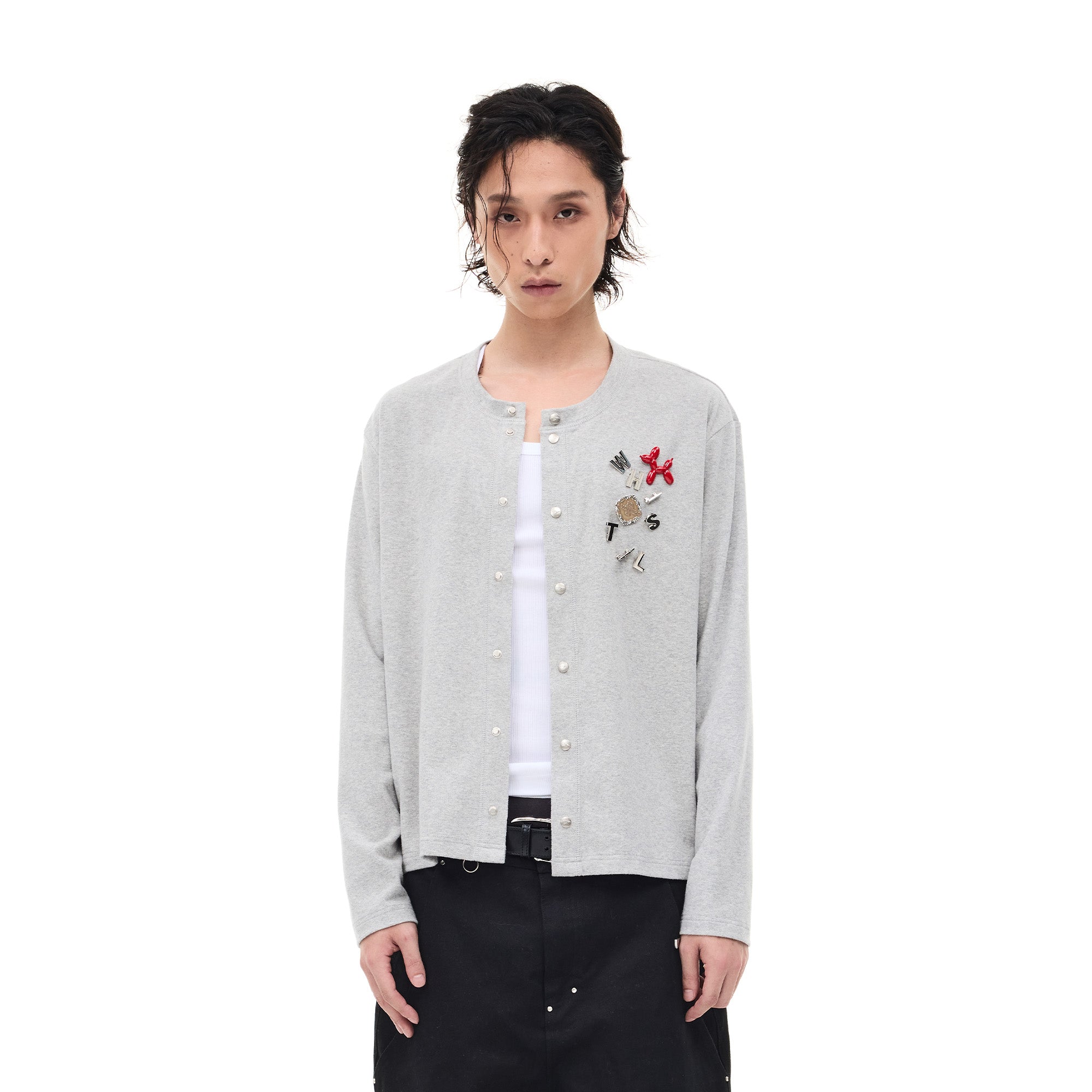 WHISTLEHUNTER Monogram Pin Wool-Blend Snap Cardigan, premium urban and streetwear designers apparel on PROJECTISR.com, WHISTLEHUNTER