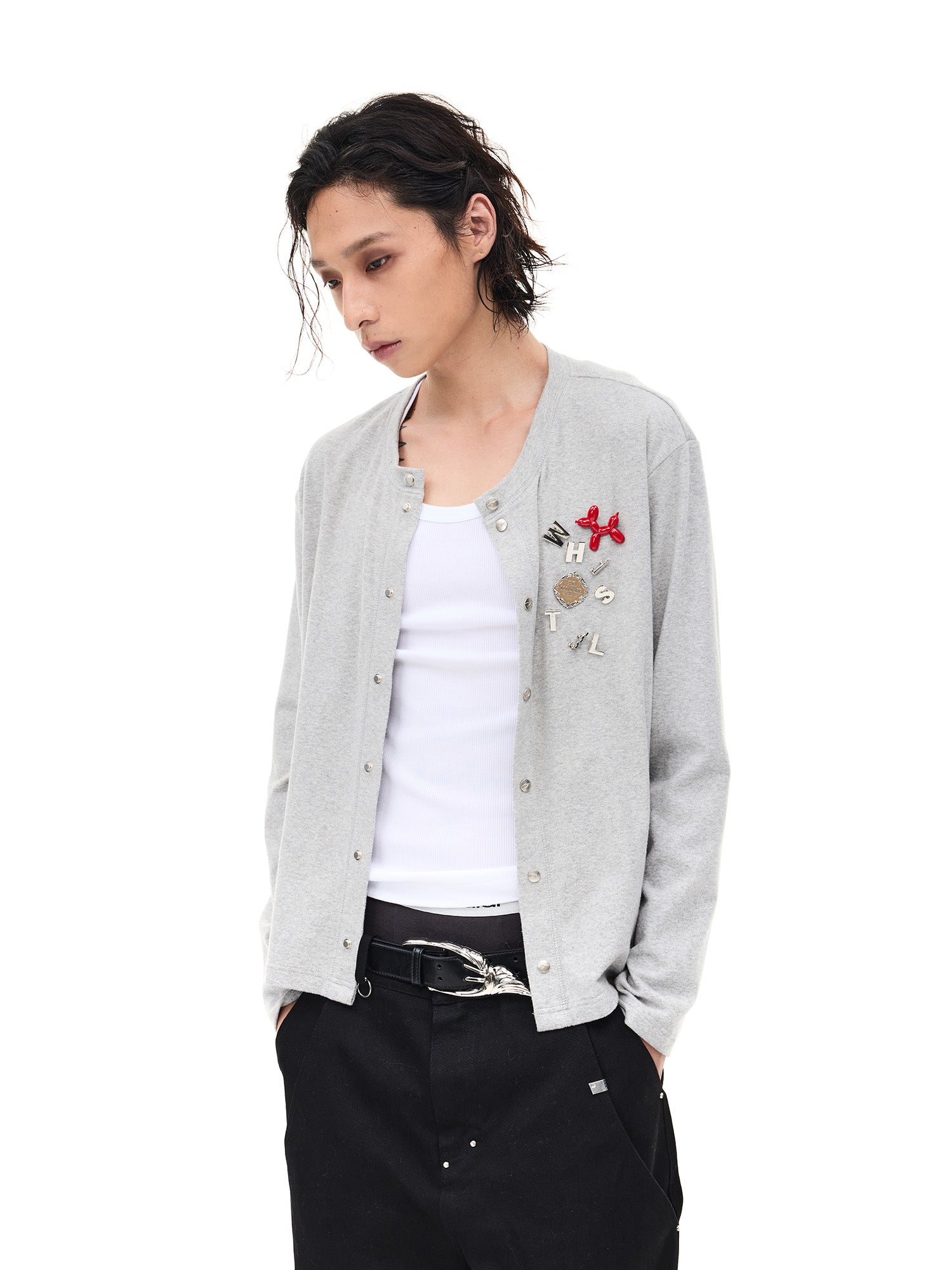 WHISTLEHUNTER Monogram Pin Wool-Blend Snap Cardigan, premium urban and streetwear designers apparel on PROJECTISR.com, WHISTLEHUNTER