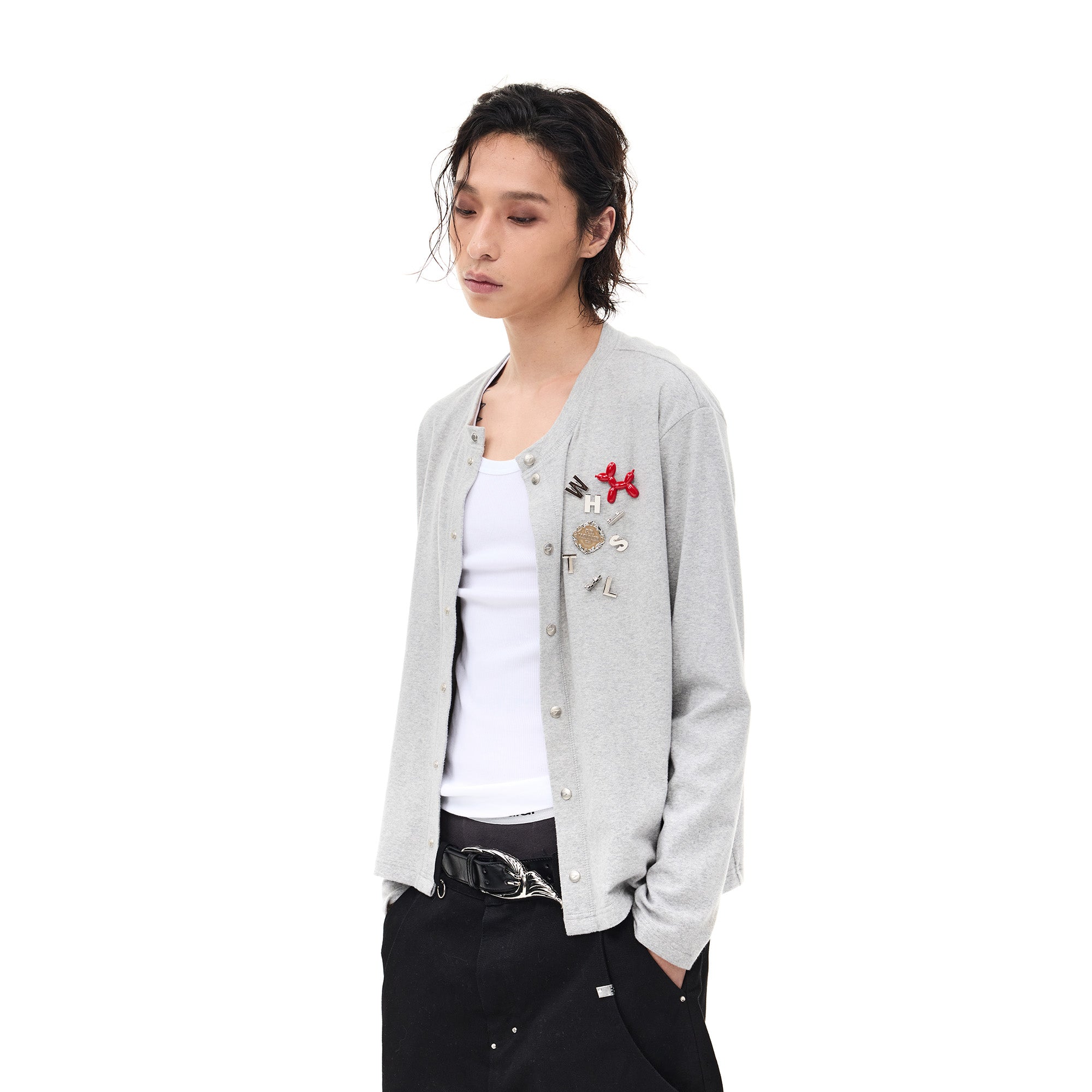 WHISTLEHUNTER Monogram Pin Wool-Blend Snap Cardigan, premium urban and streetwear designers apparel on PROJECTISR.com, WHISTLEHUNTER