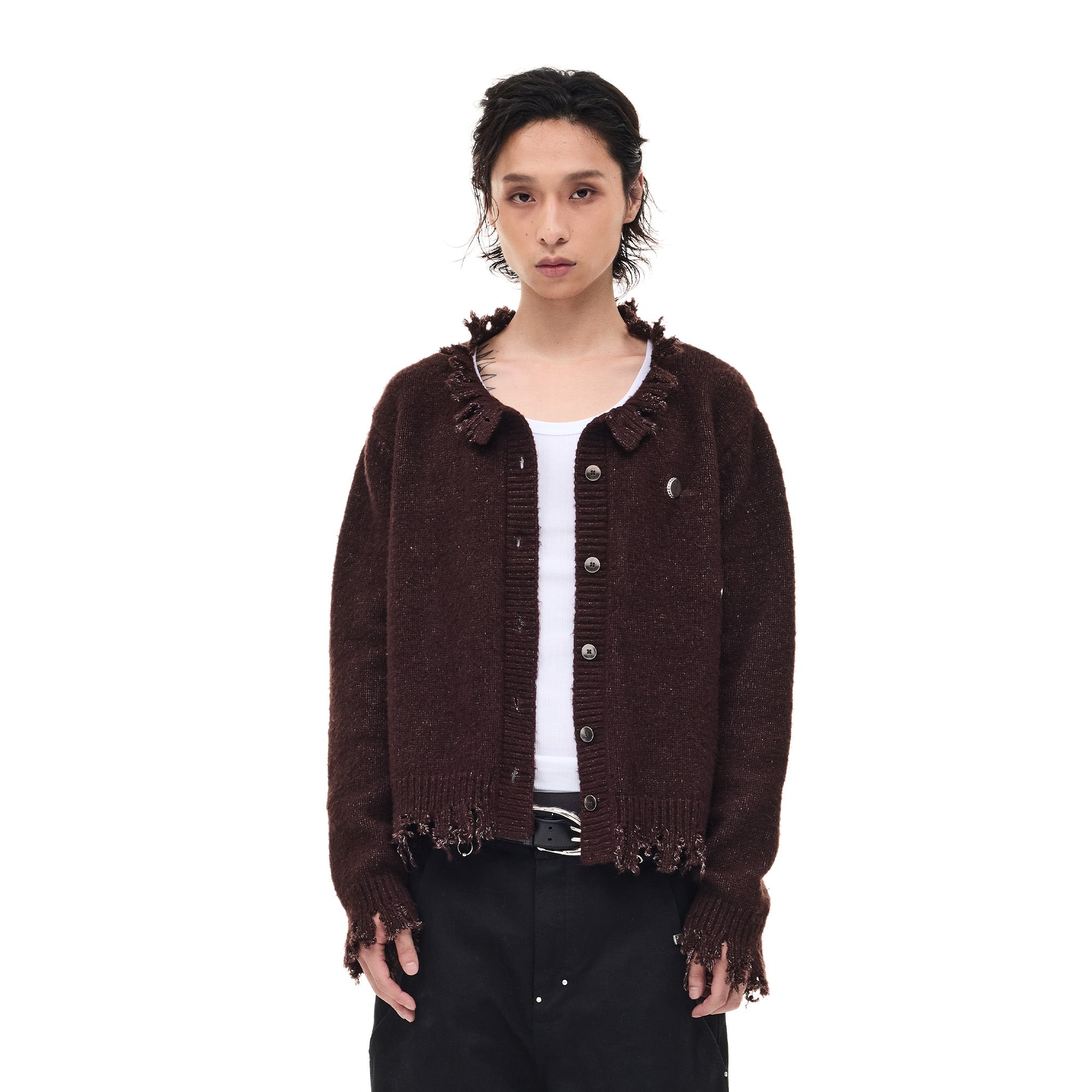 WHISTLEHUNTER Distressed Frayed-Edge Badge Cardigan, premium urban and streetwear designers apparel on PROJECTISR.com, WHISTLEHUNTER