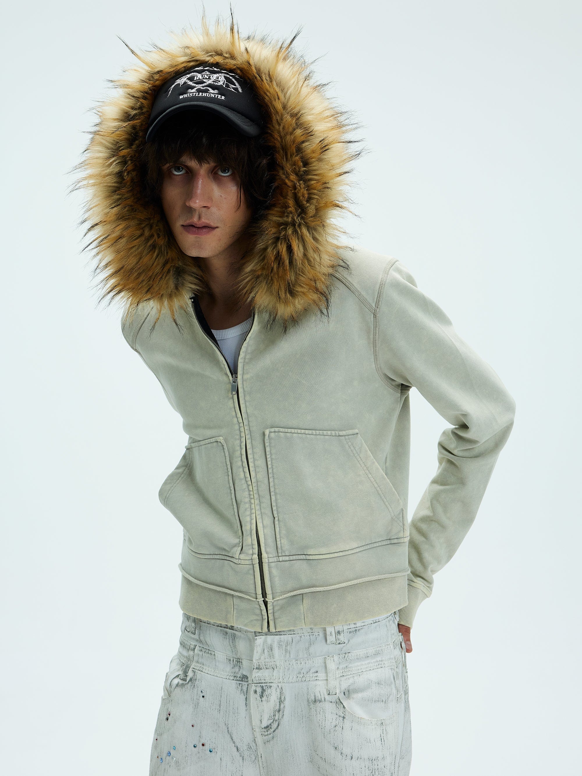 WHISTLEHUNTER Detachable Collar Washed Zip-Up Hoodie